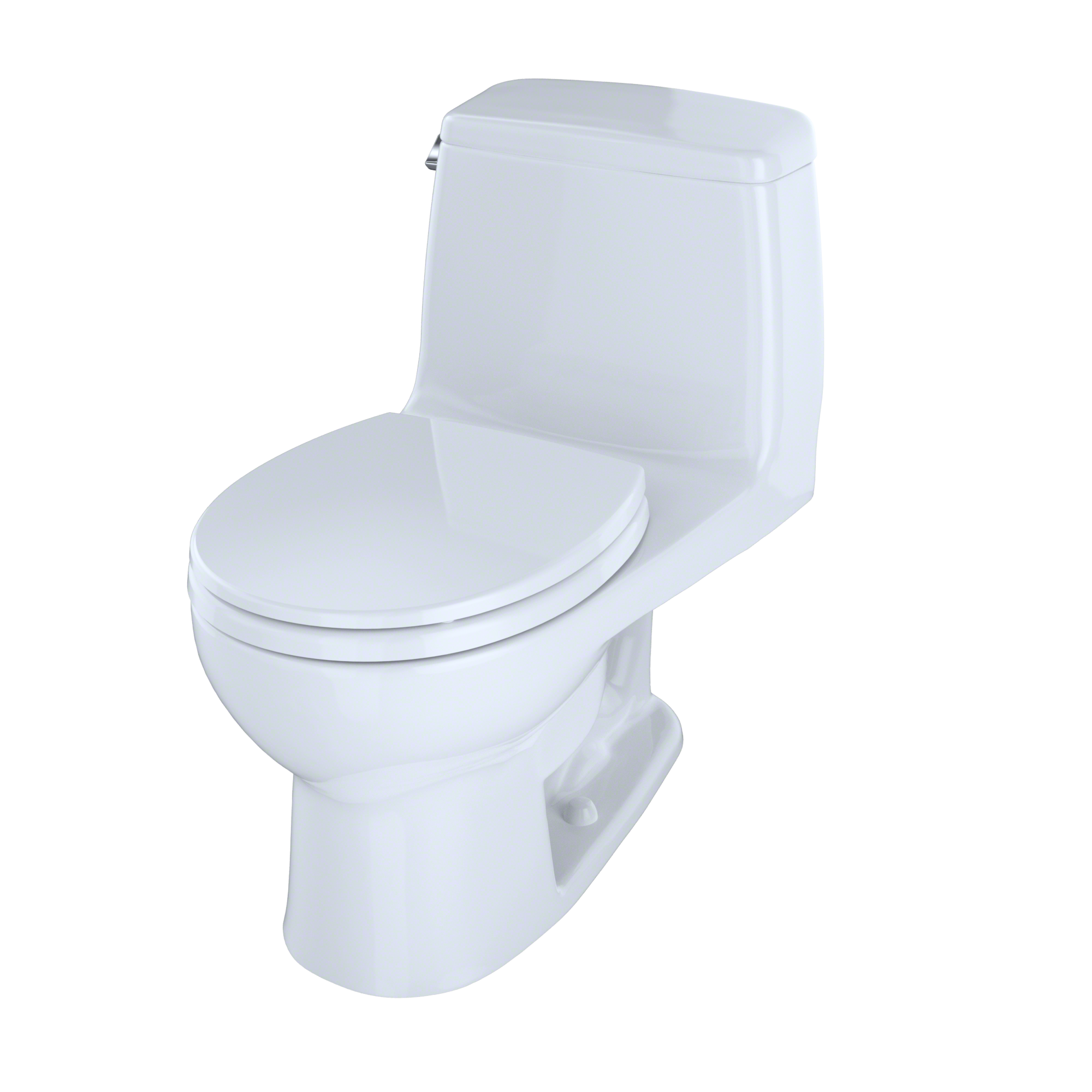 White one-piece round toilet with soft-close seat and integrated tank.