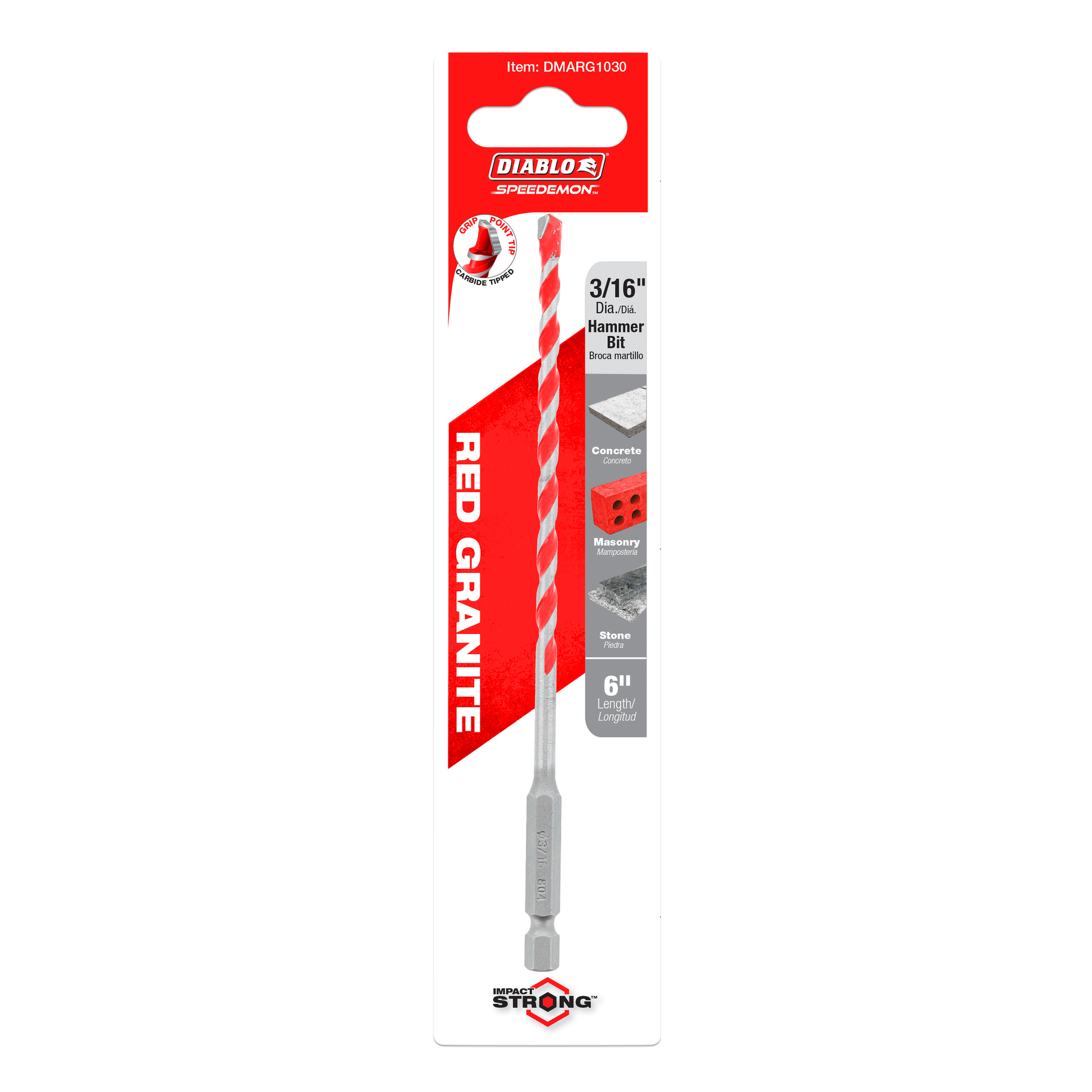 Red and white packaged 3/16 inch carbide tipped hammer drill bit with gray metal shaft and hex shank.