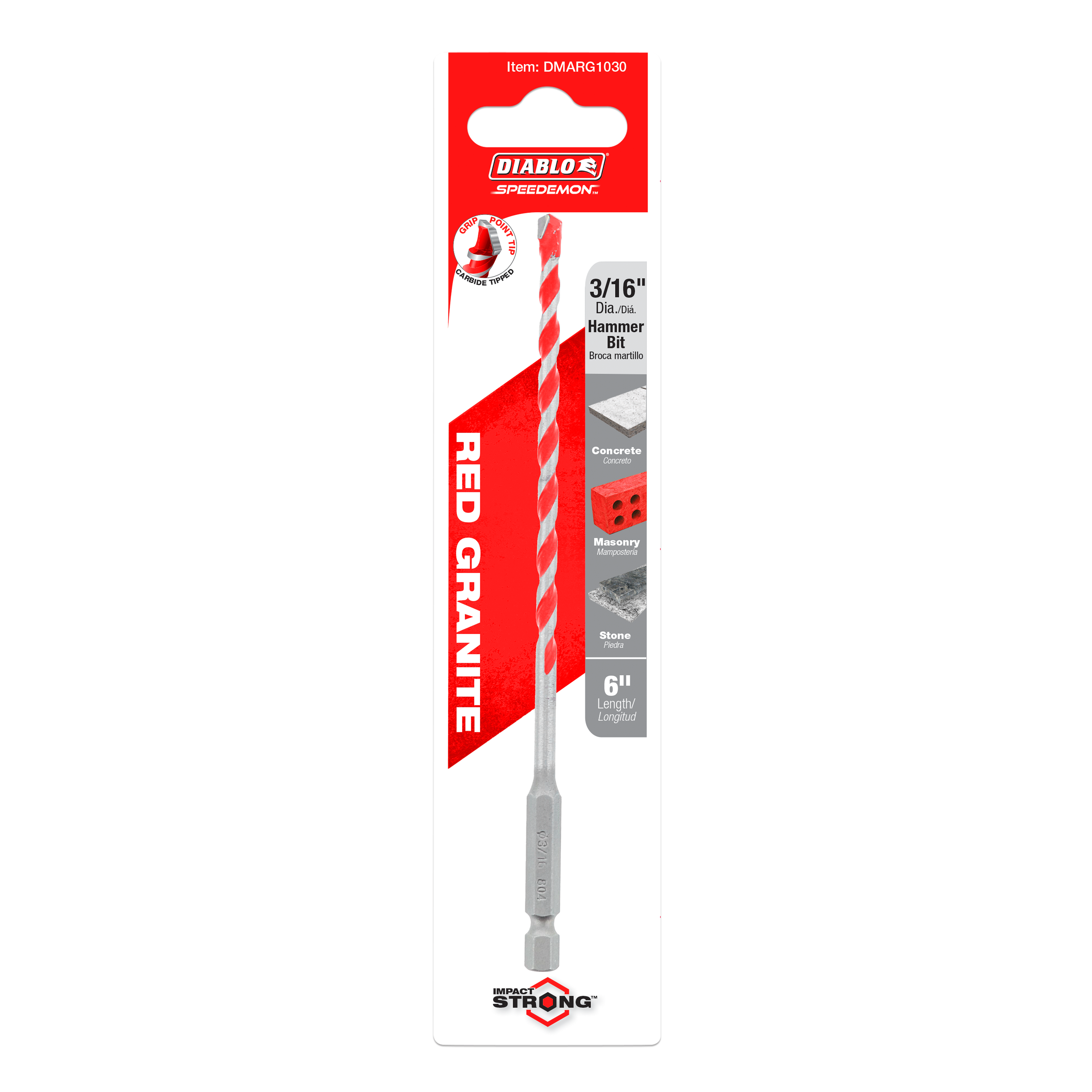 Red and white packaged 3/16 inch carbide tipped hammer drill bit with gray metal shaft and hex shank.