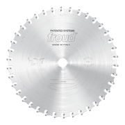 Silver circular sawblade with carbide teeth around the perimeter and center bore, marked with Freud branding and LU6A02 model