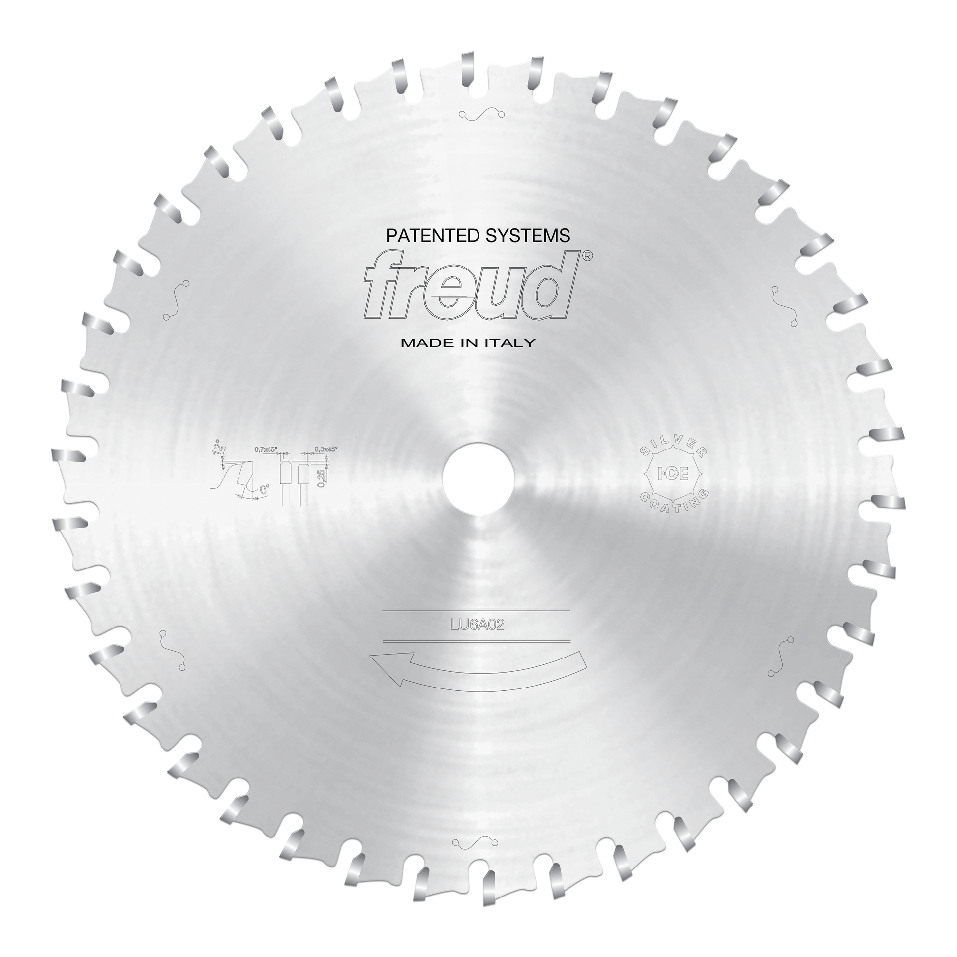 Silver circular sawblade with carbide teeth around the perimeter and center bore, marked with Freud branding and LU6A02 model