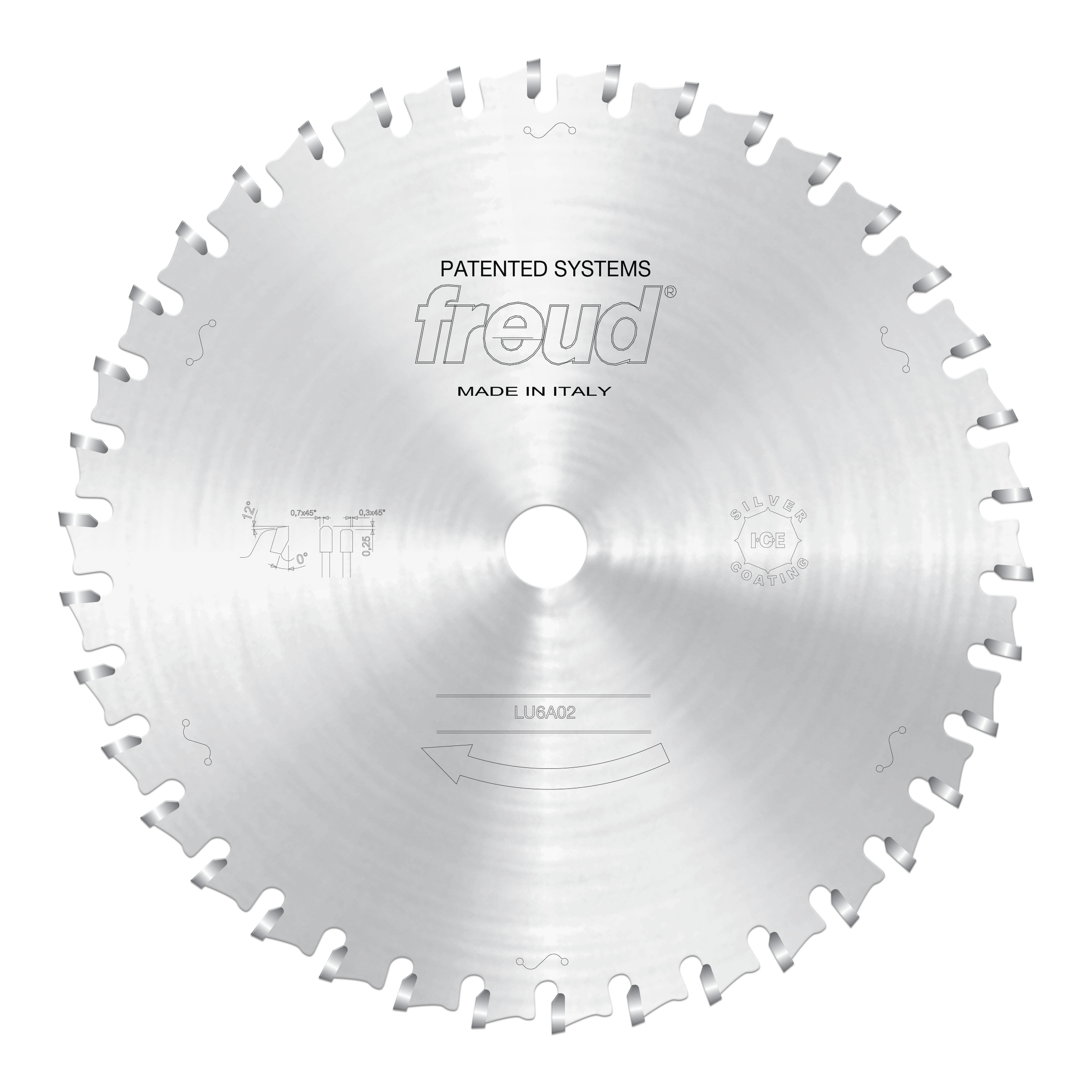 Silver circular sawblade with carbide teeth around the perimeter and center bore, marked with Freud branding and LU6A02 model