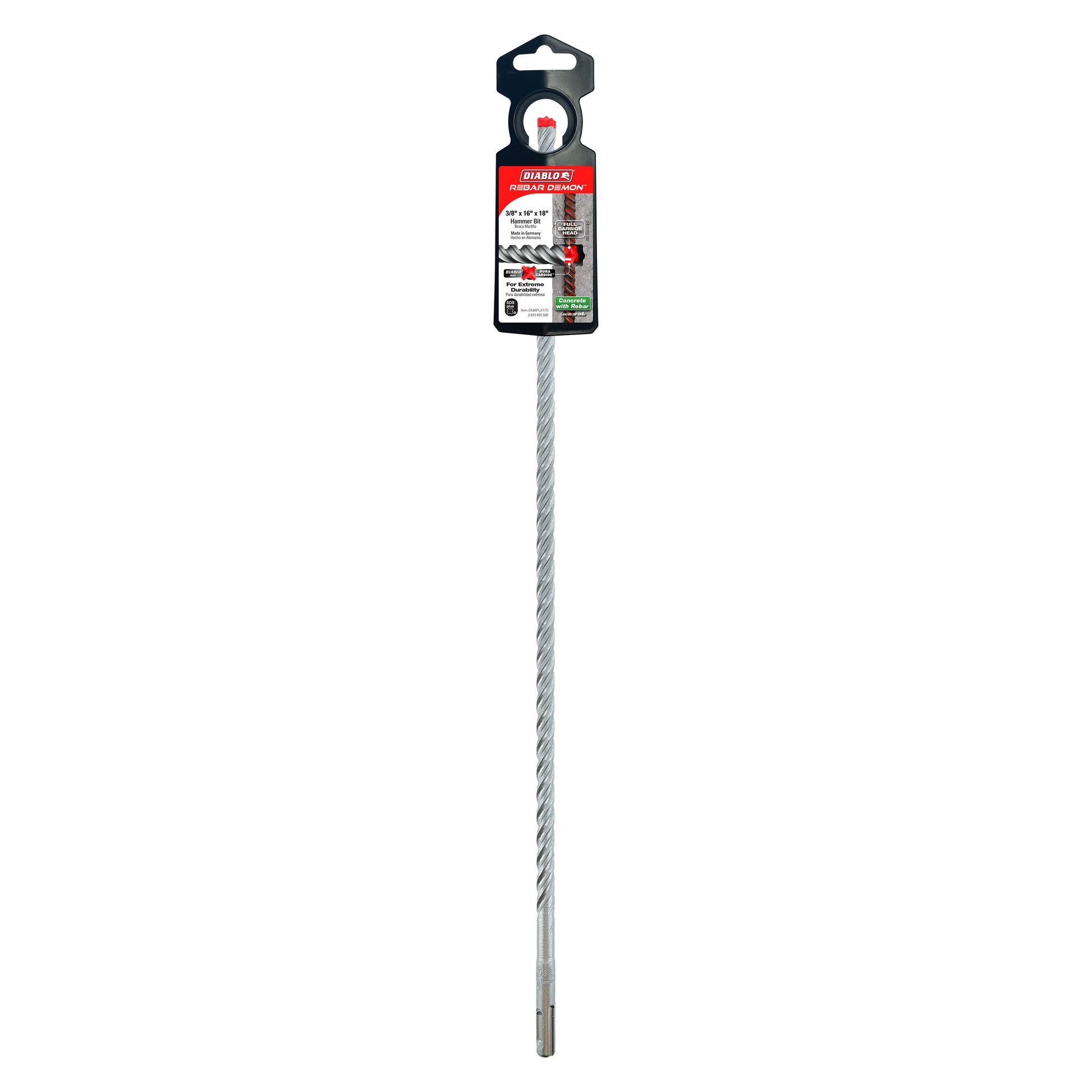 Diablo 3/8-inch SDS-Plus hammer drill bit with carbide head and packaging displayed vertically.