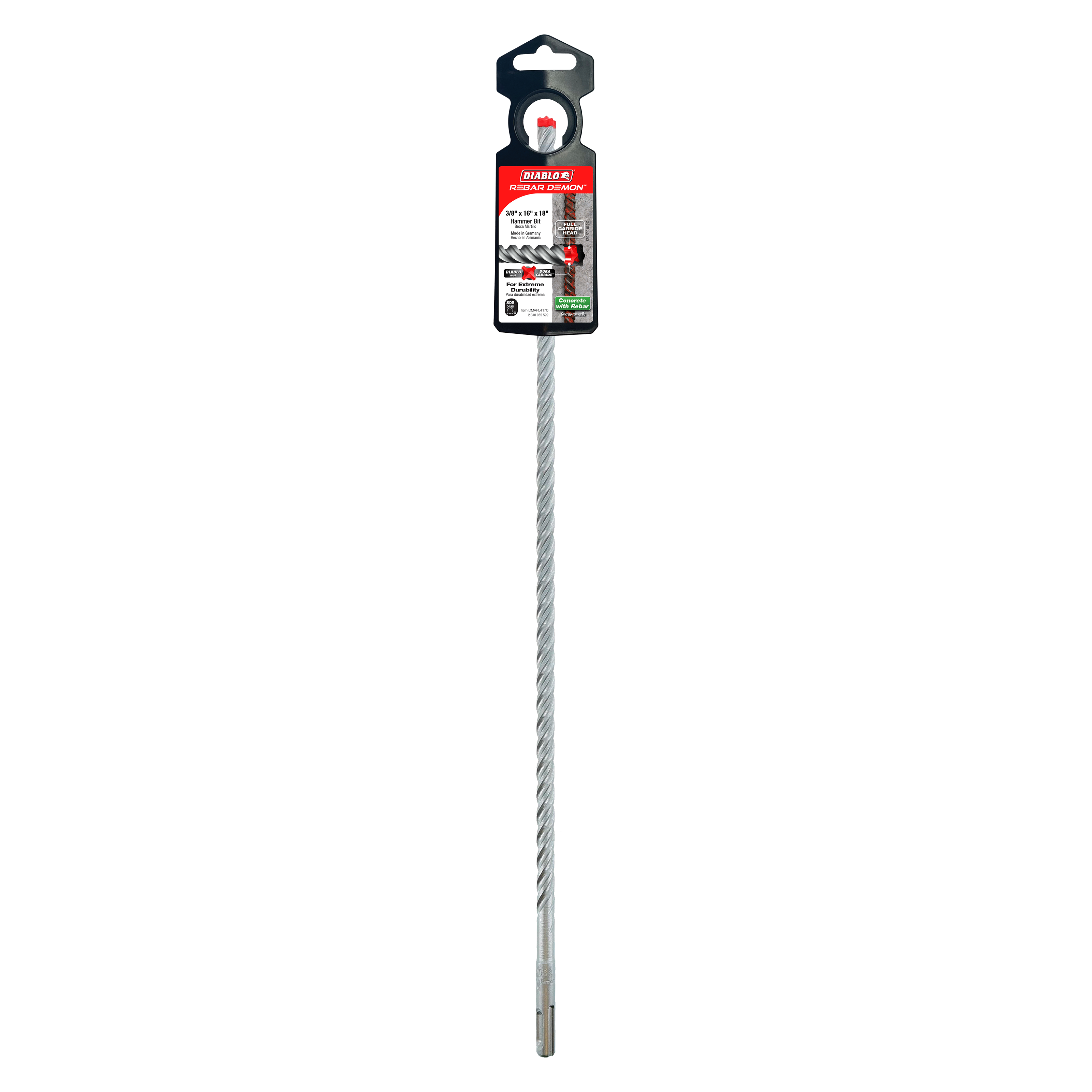 Diablo 3/8-inch SDS-Plus hammer drill bit with carbide head and packaging displayed vertically.