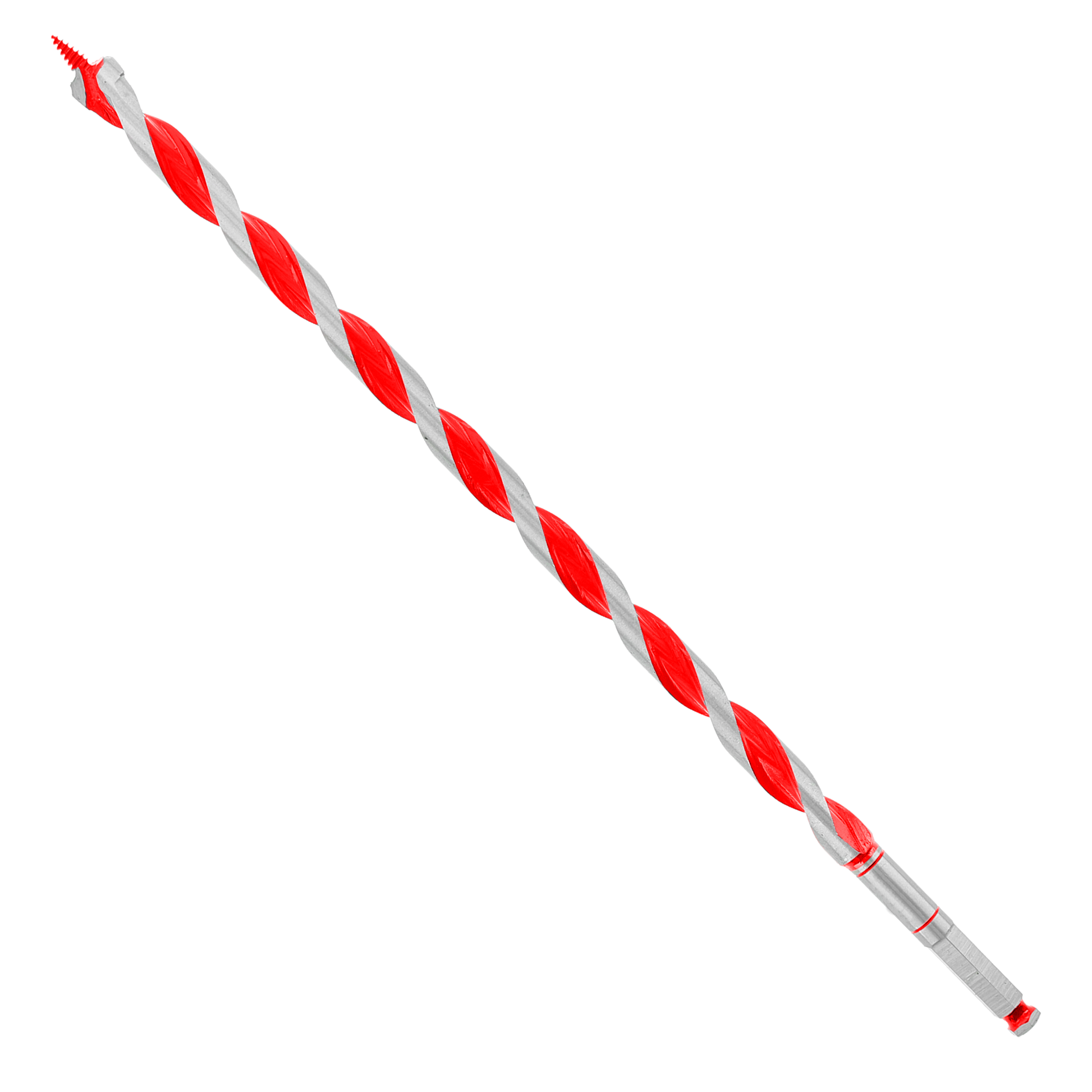 Red and gray spiral auger bit with pointed tip and cylindrical shank against white background.