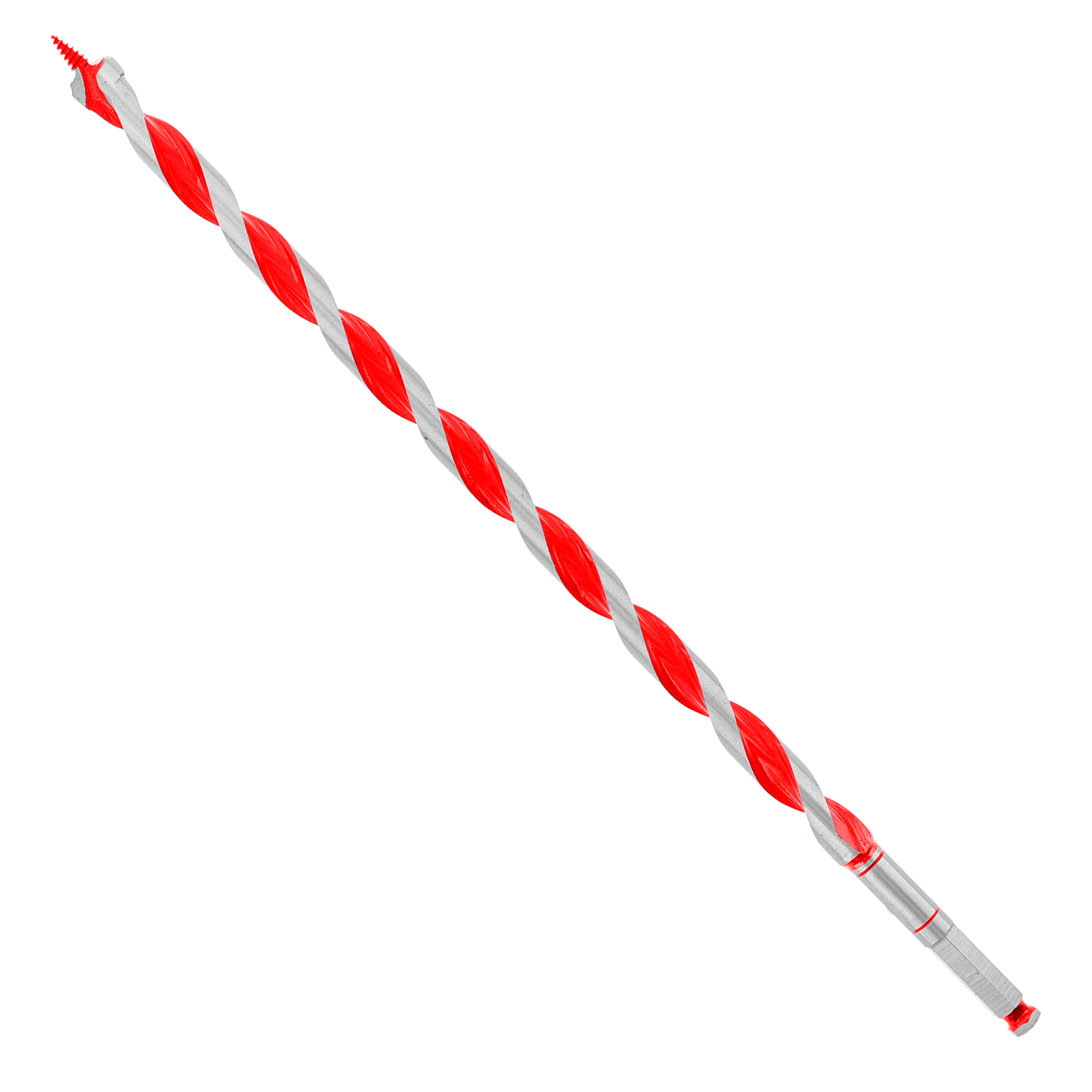 Red and gray spiral auger bit with pointed tip and cylindrical shank against white background.