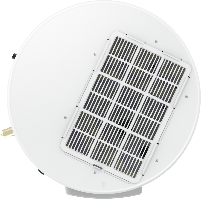 White cylindrical hybrid water heater with black finned heat pump unit mounted on top.