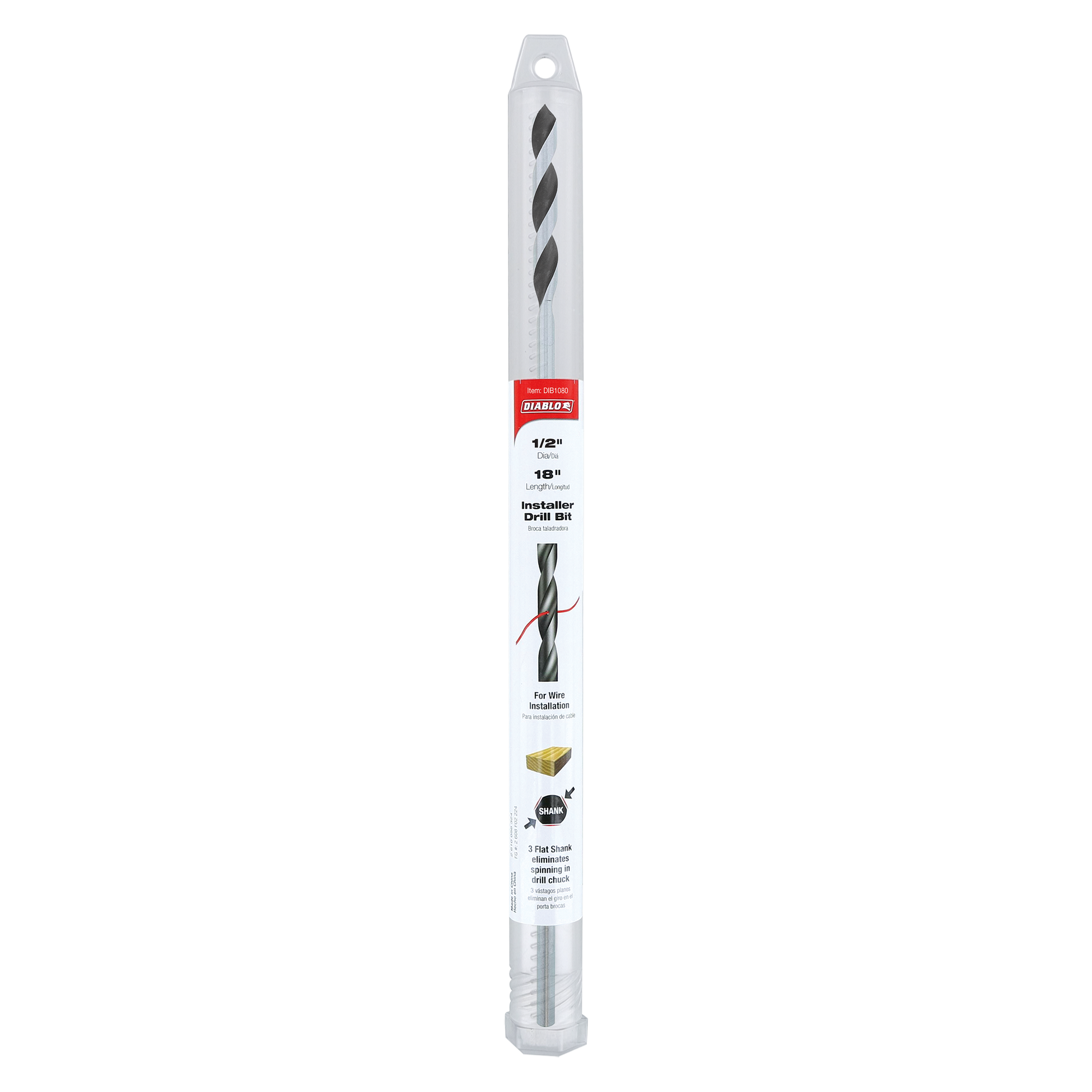 Diablo 1/2 inch by 18 inch installer drill bit with spiral flutes in clear plastic packaging.
