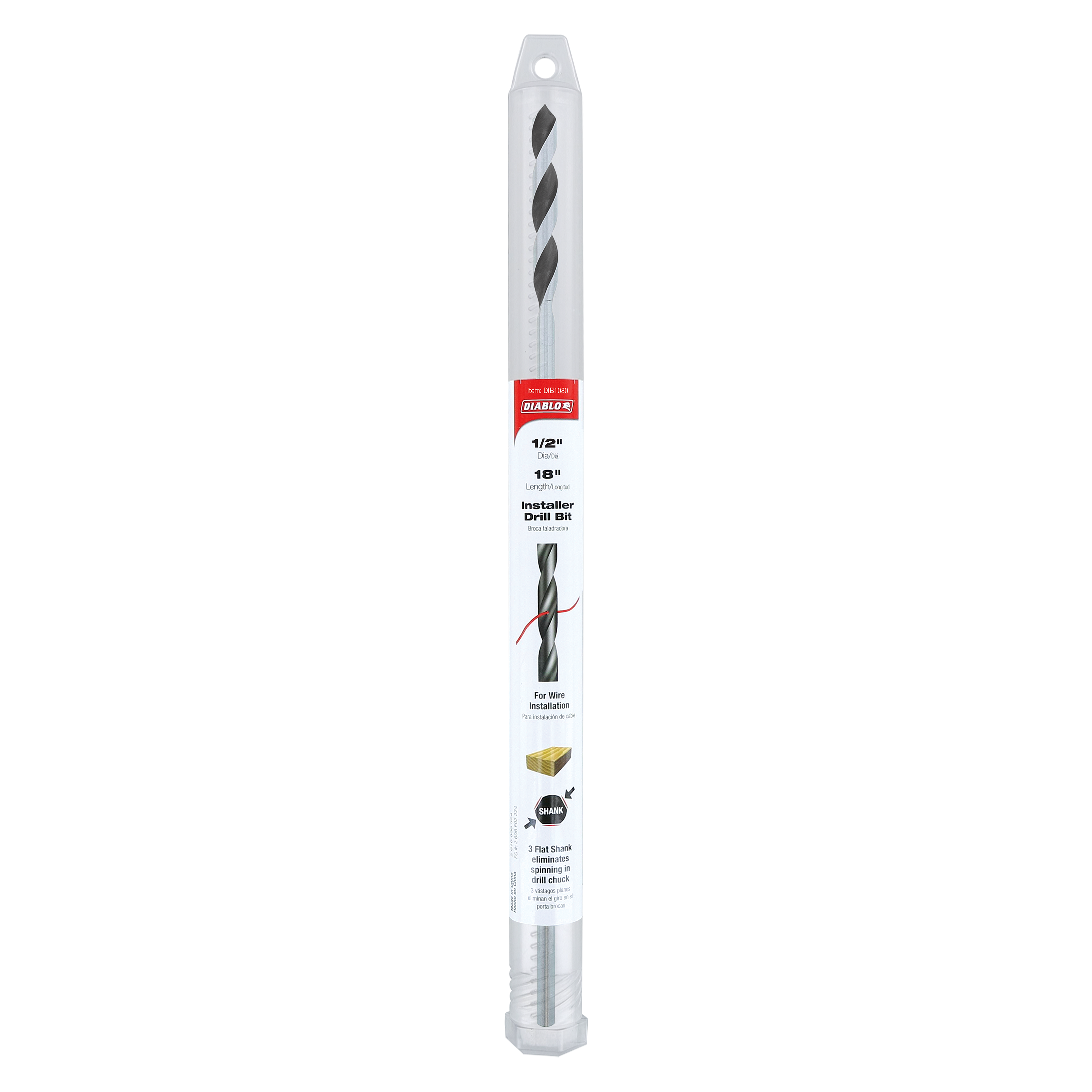Diablo 1/2 inch by 18 inch installer drill bit with spiral flutes in clear plastic packaging.