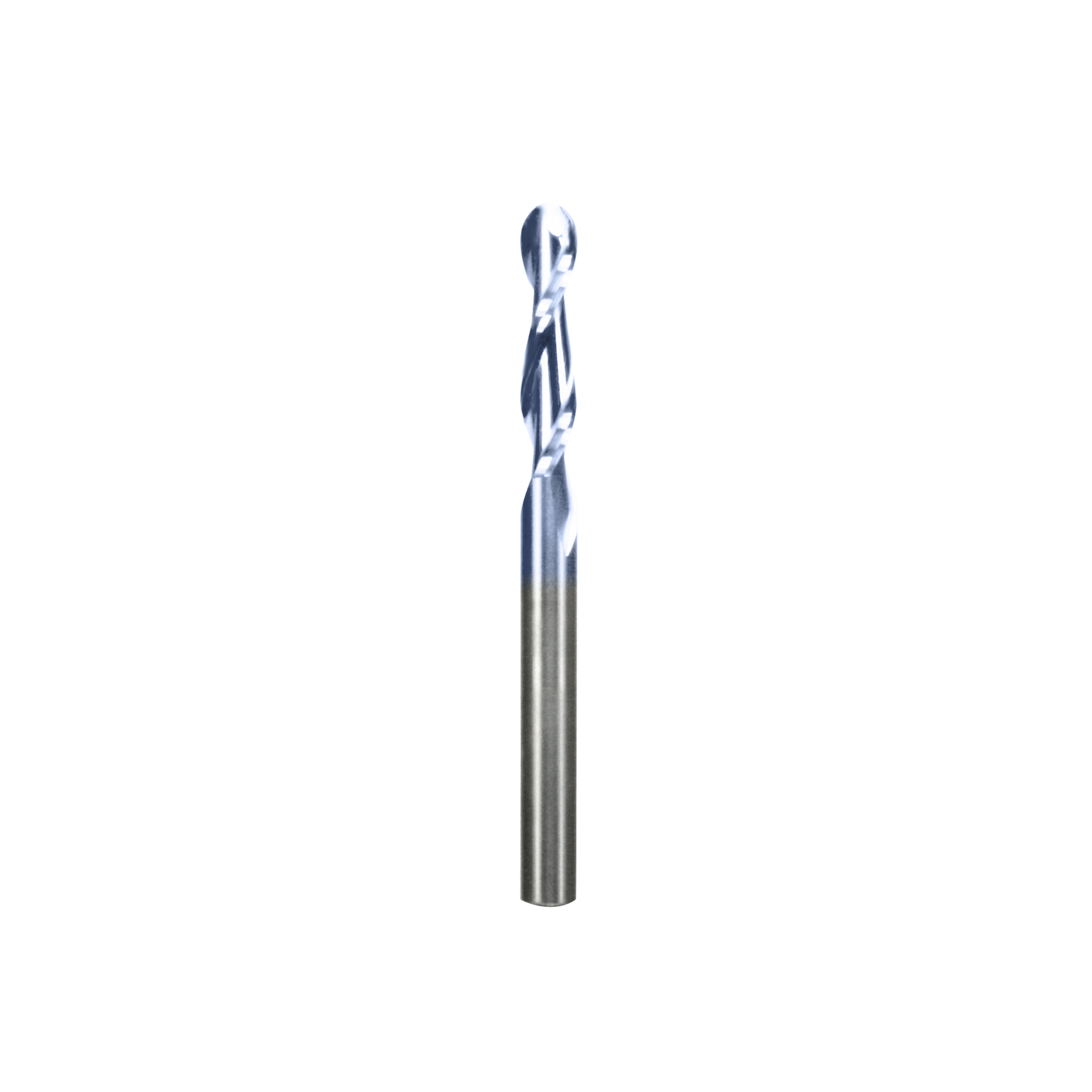 Freud 72-202 router bit with 1/4" shank, spiral flutes, and rounded ball nose cutting end.