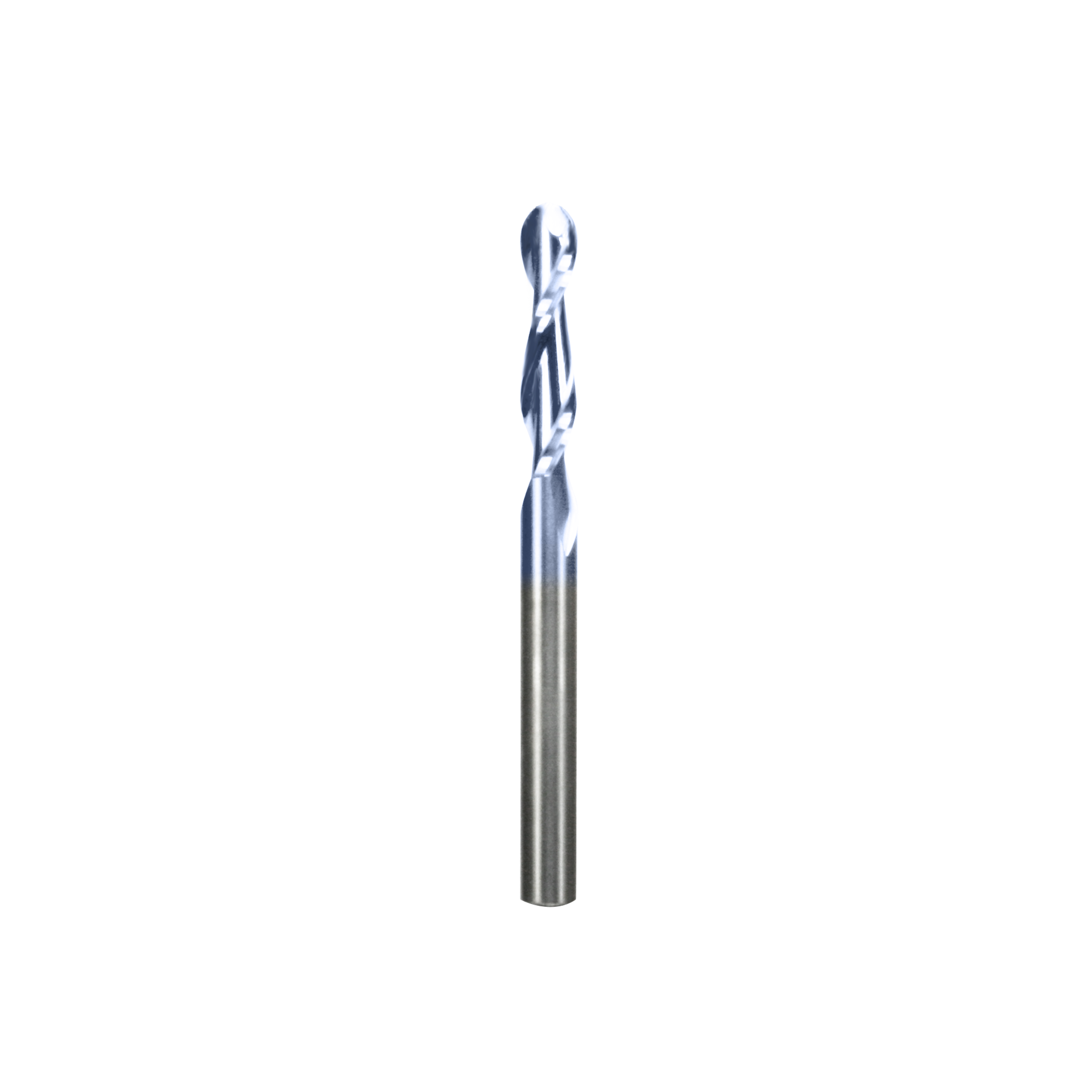 Freud 72-202 router bit with 1/4" shank, spiral flutes, and rounded ball nose cutting end.