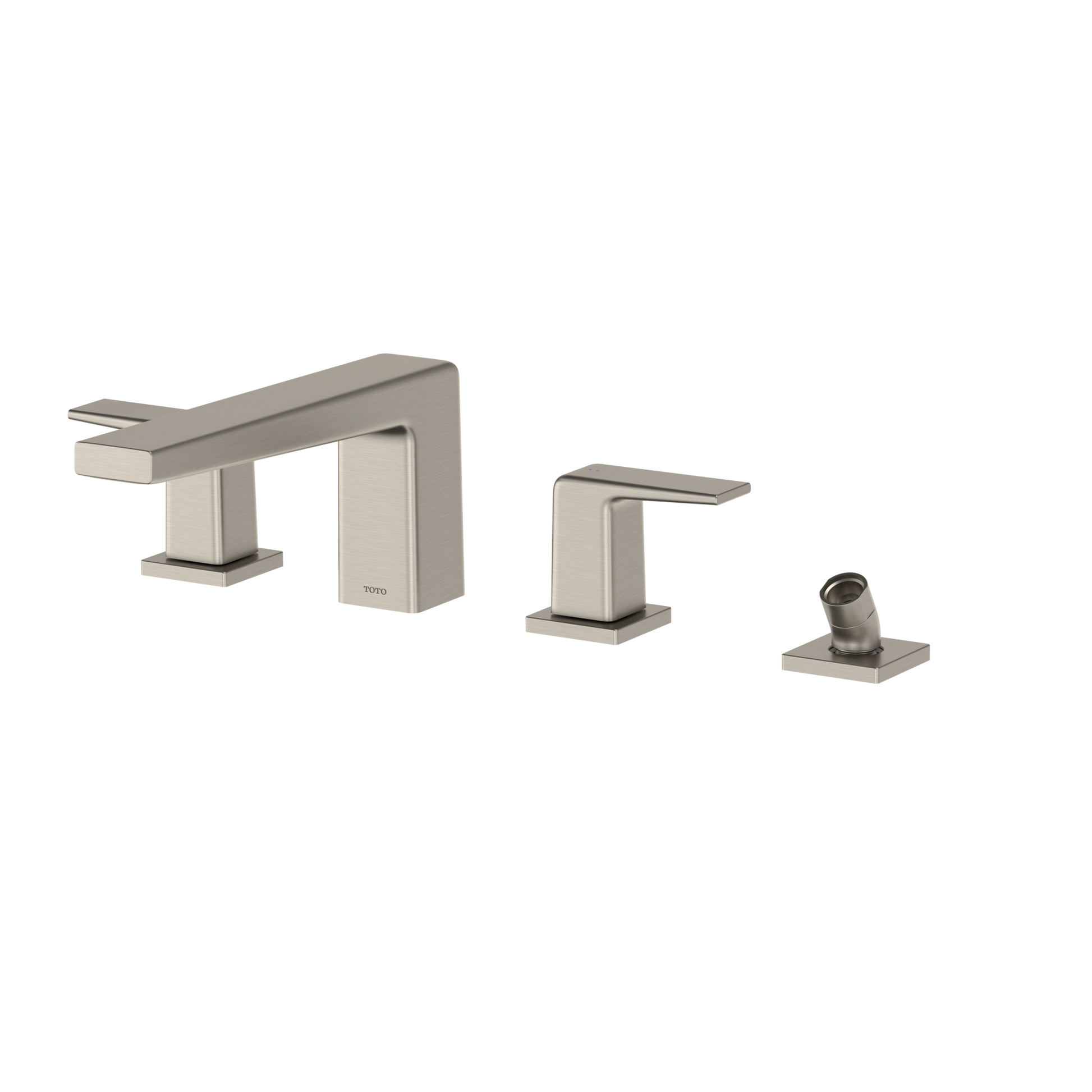 Brushed nickel two-handle Roman tub filler with curved spout, rectangular handles, and detachable handshower on square base.