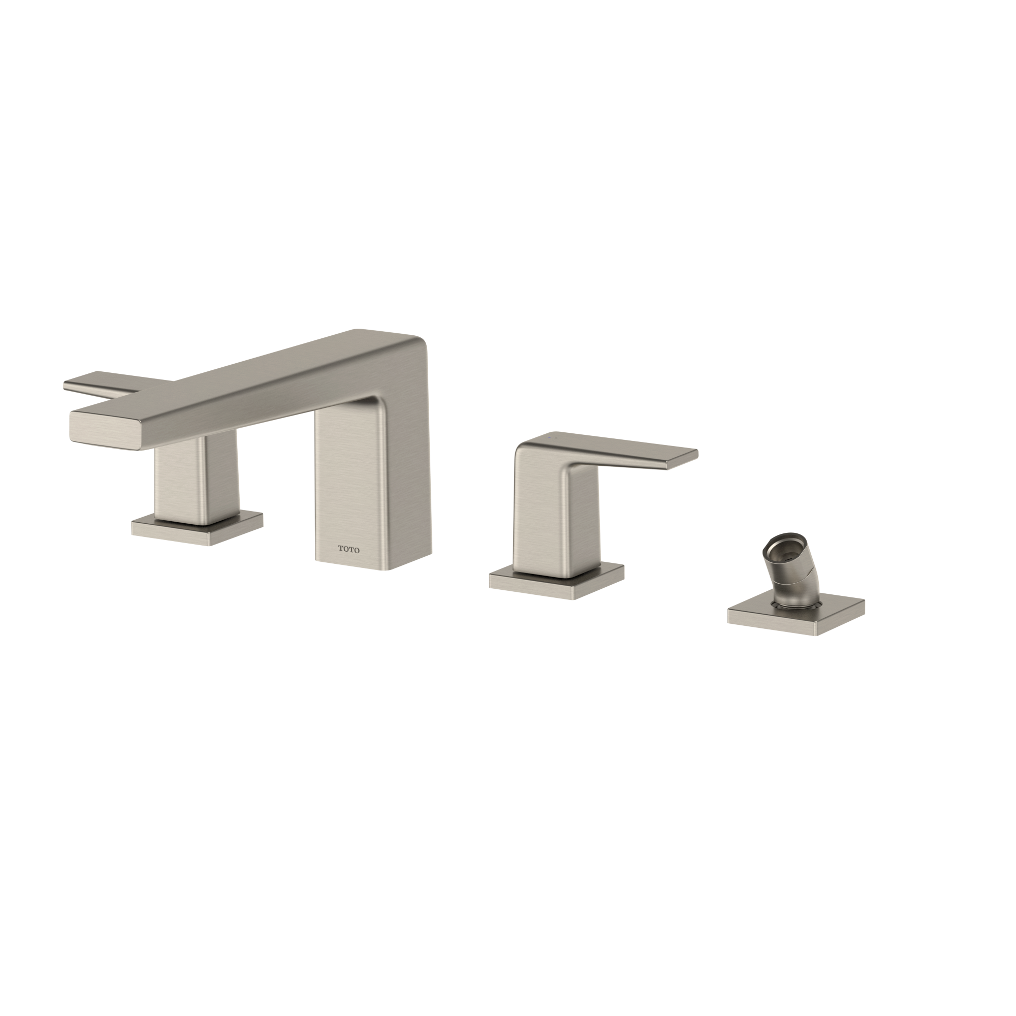 Brushed nickel two-handle Roman tub filler with curved spout, rectangular handles, and detachable handshower on square base.