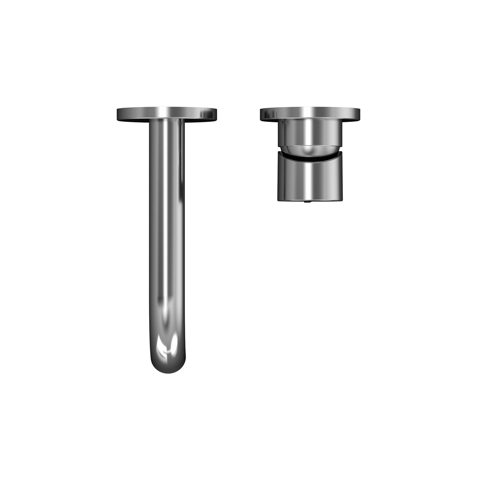 Polished chrome wall-mount bathroom faucet with single lever handle and curved spout.