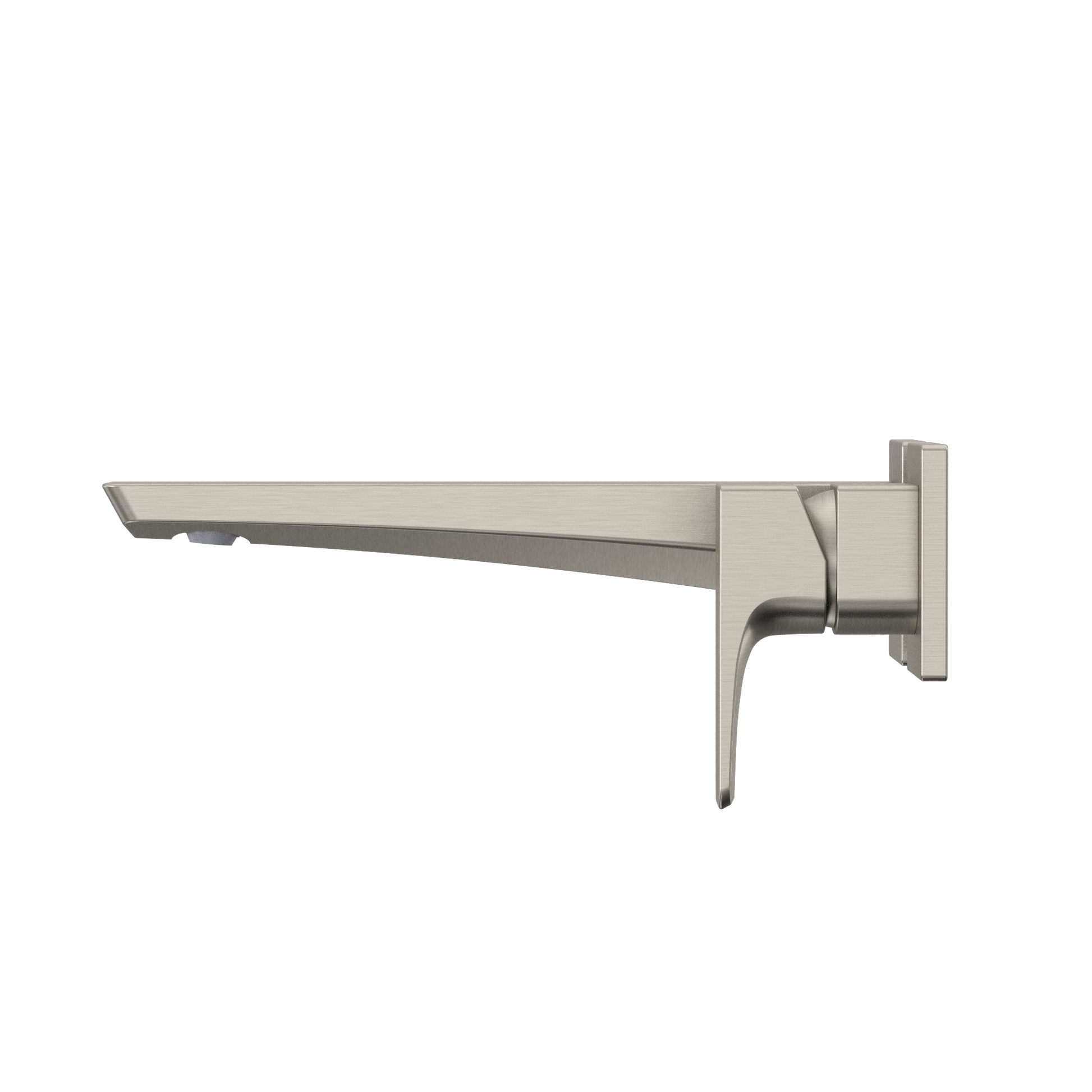Brushed nickel wall-mount bathroom faucet with single handle and long spout extending horizontally.