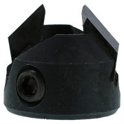 Black carbide-tipped boring bit with countersink feature and central hole, shown from above with four cutting edges visible.