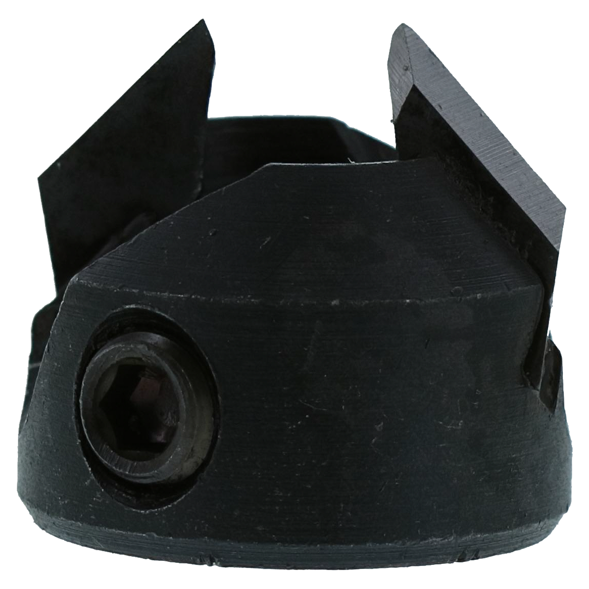 Black carbide-tipped boring bit with countersink feature and central hole, shown from above with four cutting edges visible.