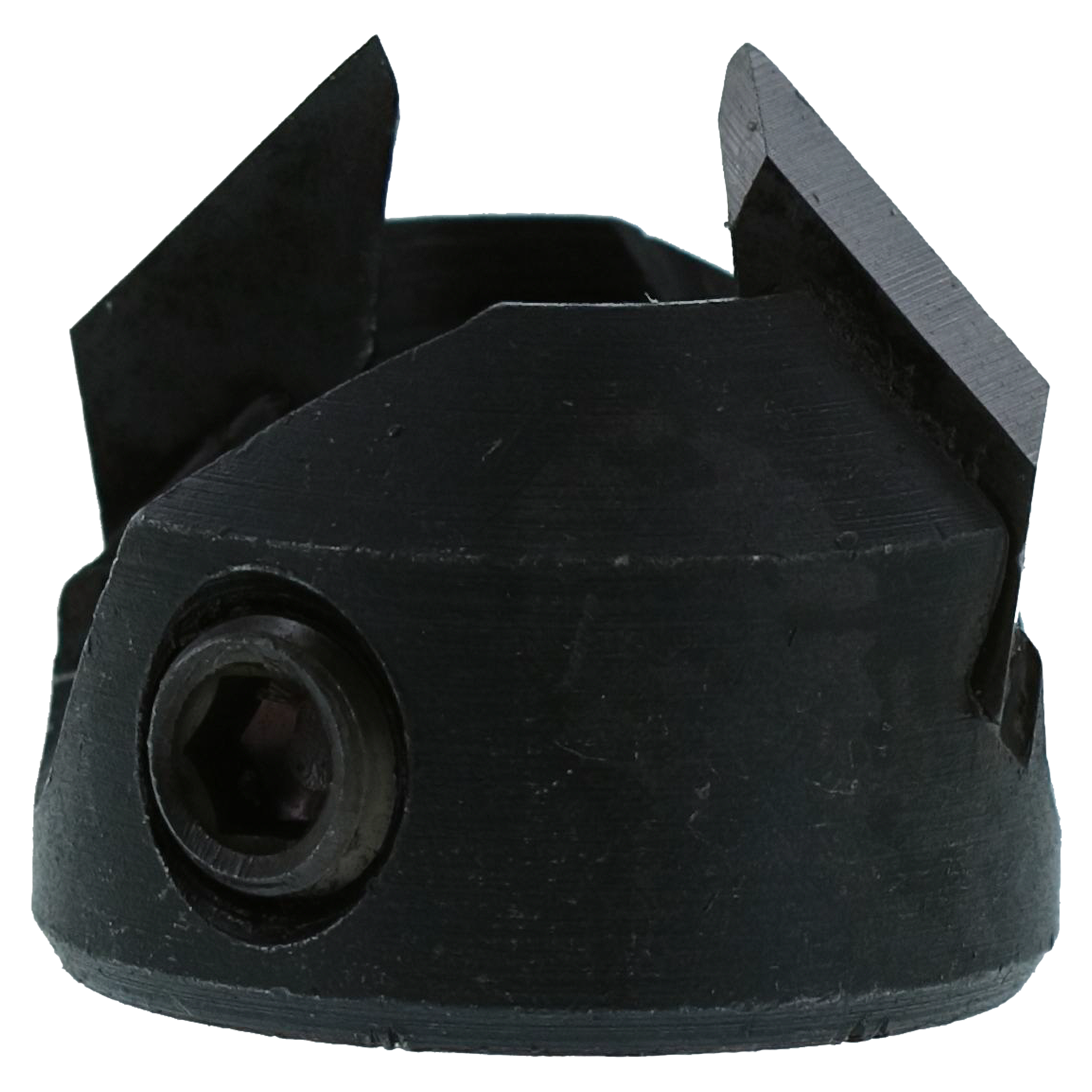 Black carbide-tipped boring bit with countersink feature and central hole, shown from above with four cutting edges visible.
