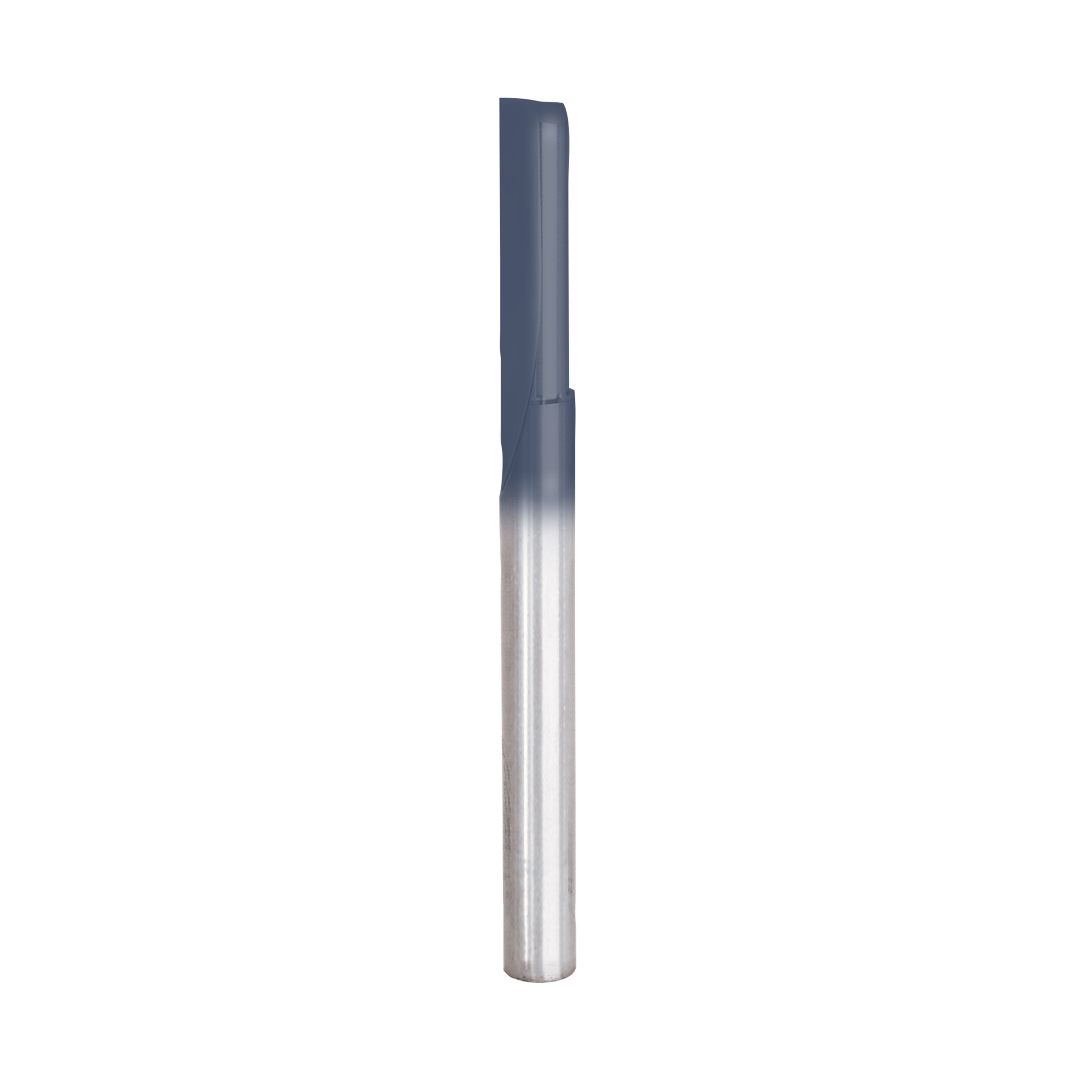 Silver and dark gray cylindrical router bit with single flute cutting edge and straight shaft design.