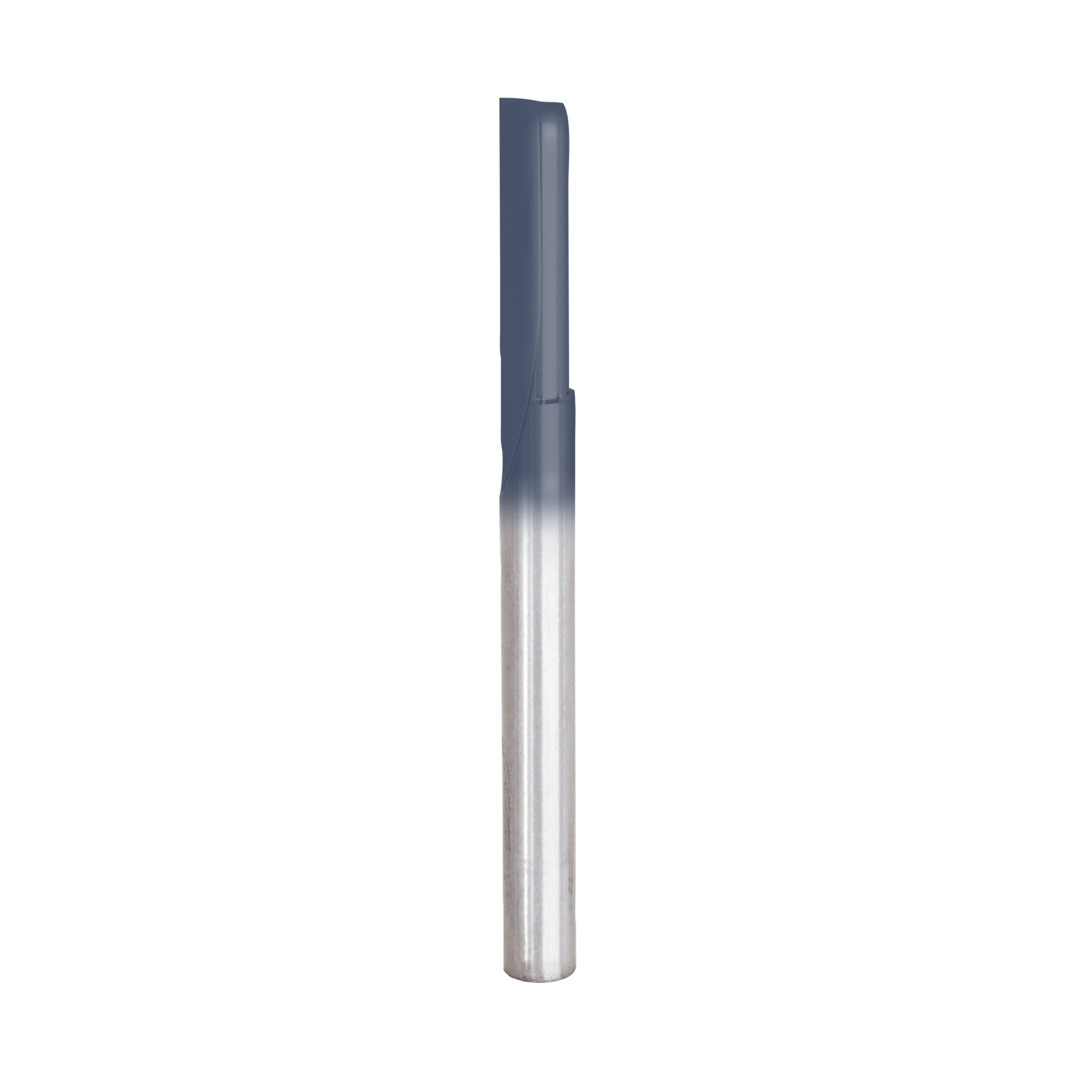Silver and dark gray cylindrical router bit with single flute cutting edge and straight shaft design.