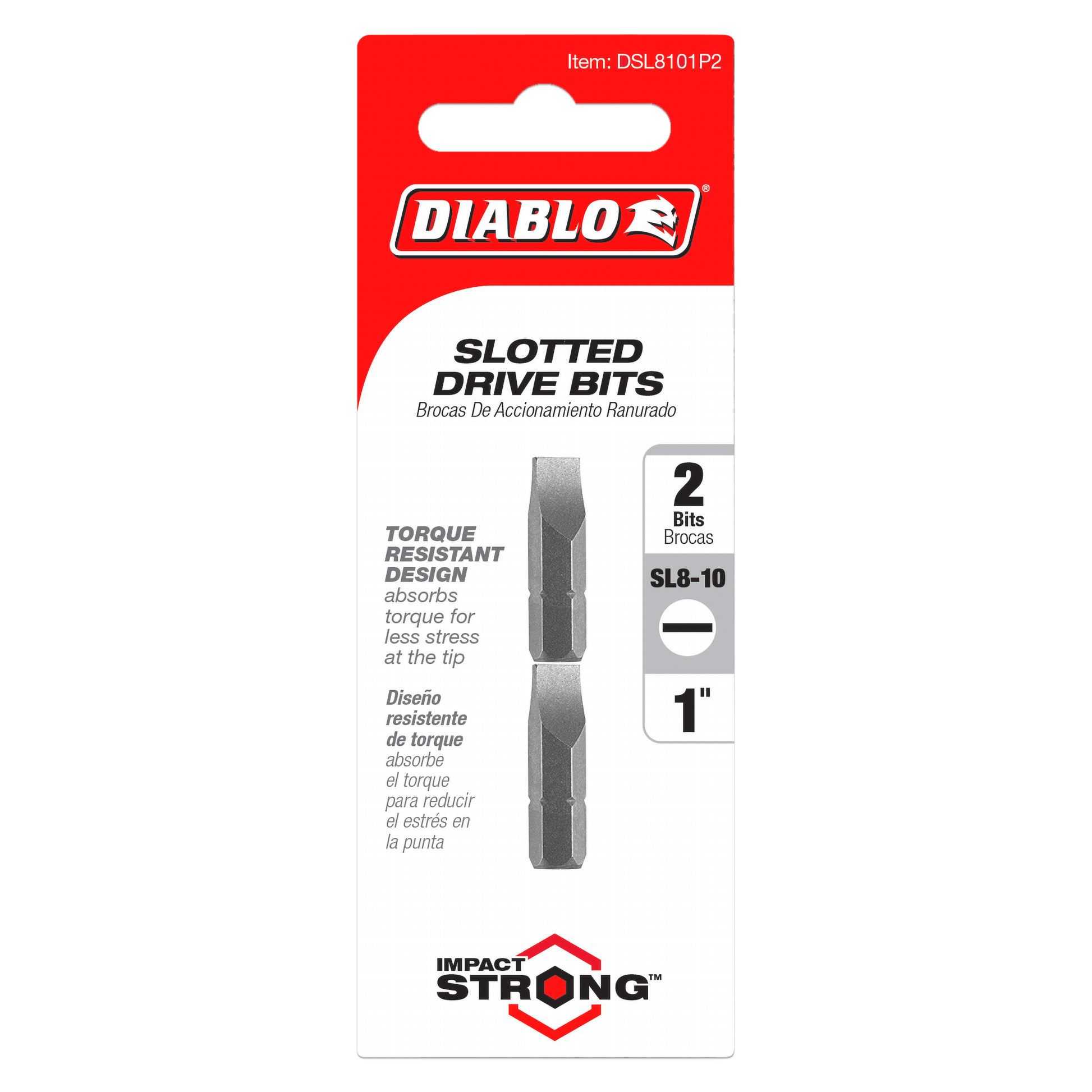 Two 1-inch Diablo SL8-10 slotted drive bits with torque-resistant design on red and white packaging.