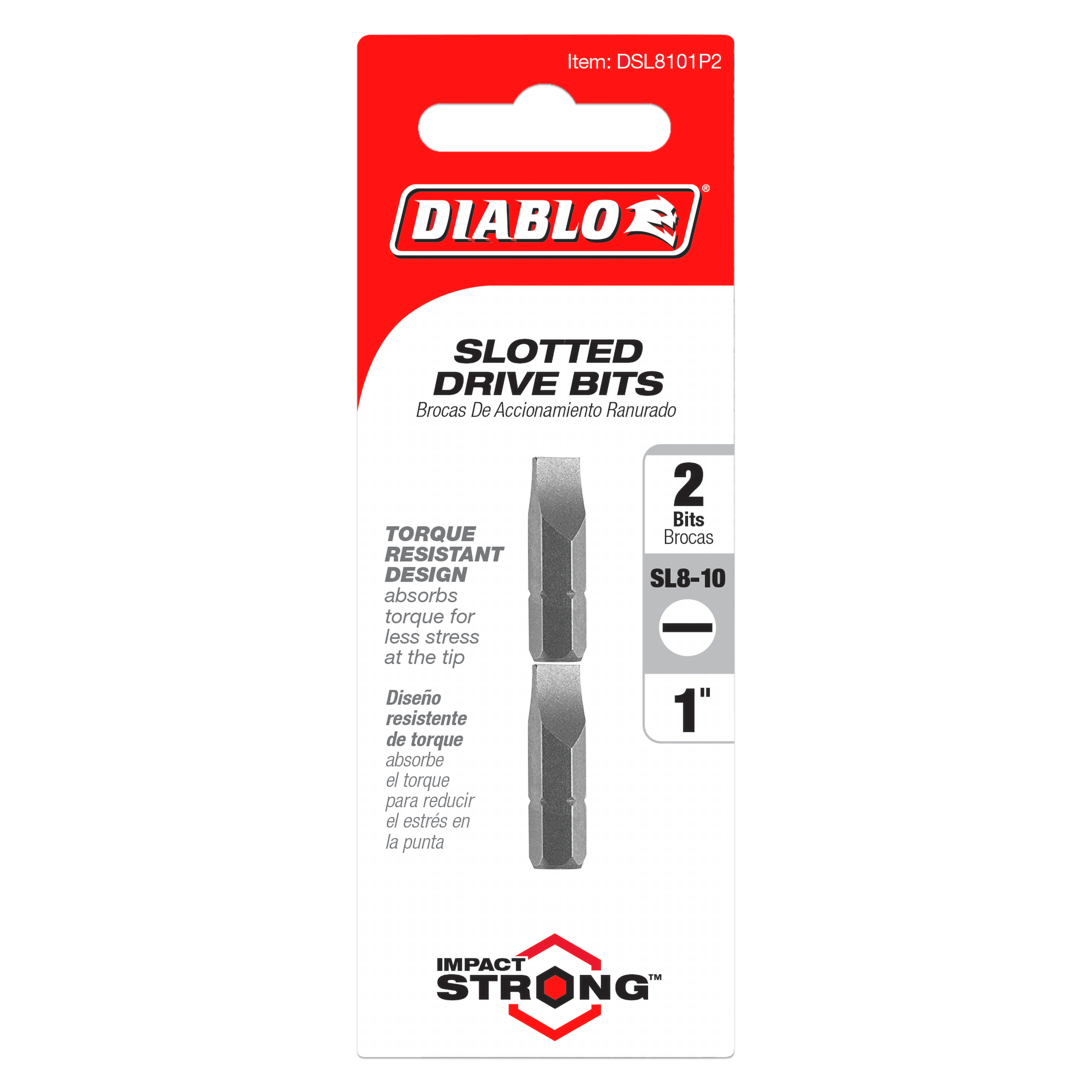 Two 1-inch Diablo SL8-10 slotted drive bits with torque-resistant design on red and white packaging.