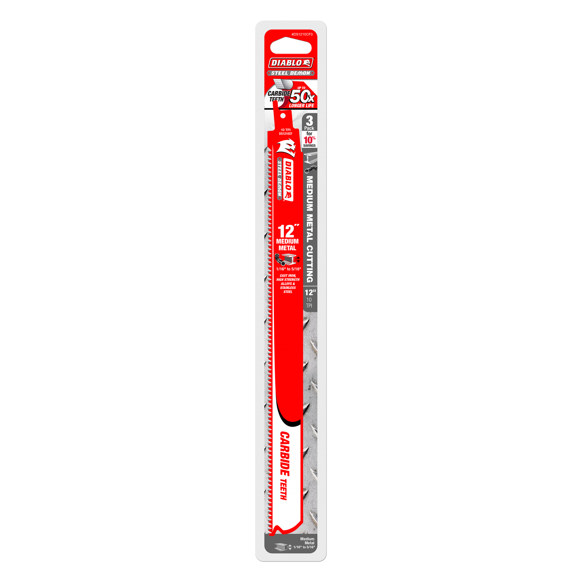 Three 12-inch steel demon carbide reciprocating saw blades with red packaging labeled for medium metal cutting.