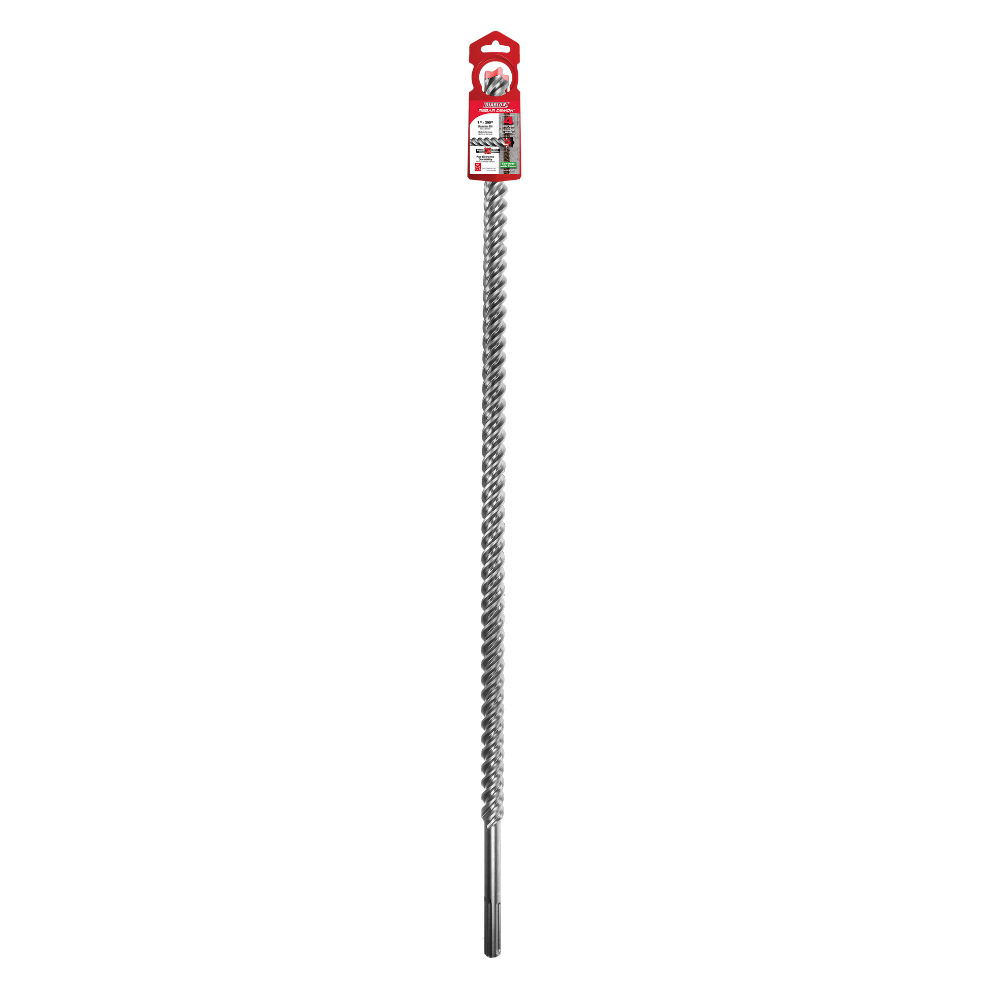SDS-Max hammer drill bit with 1-inch diameter, spiral flutes, carbide head, and red packaging tag at top.