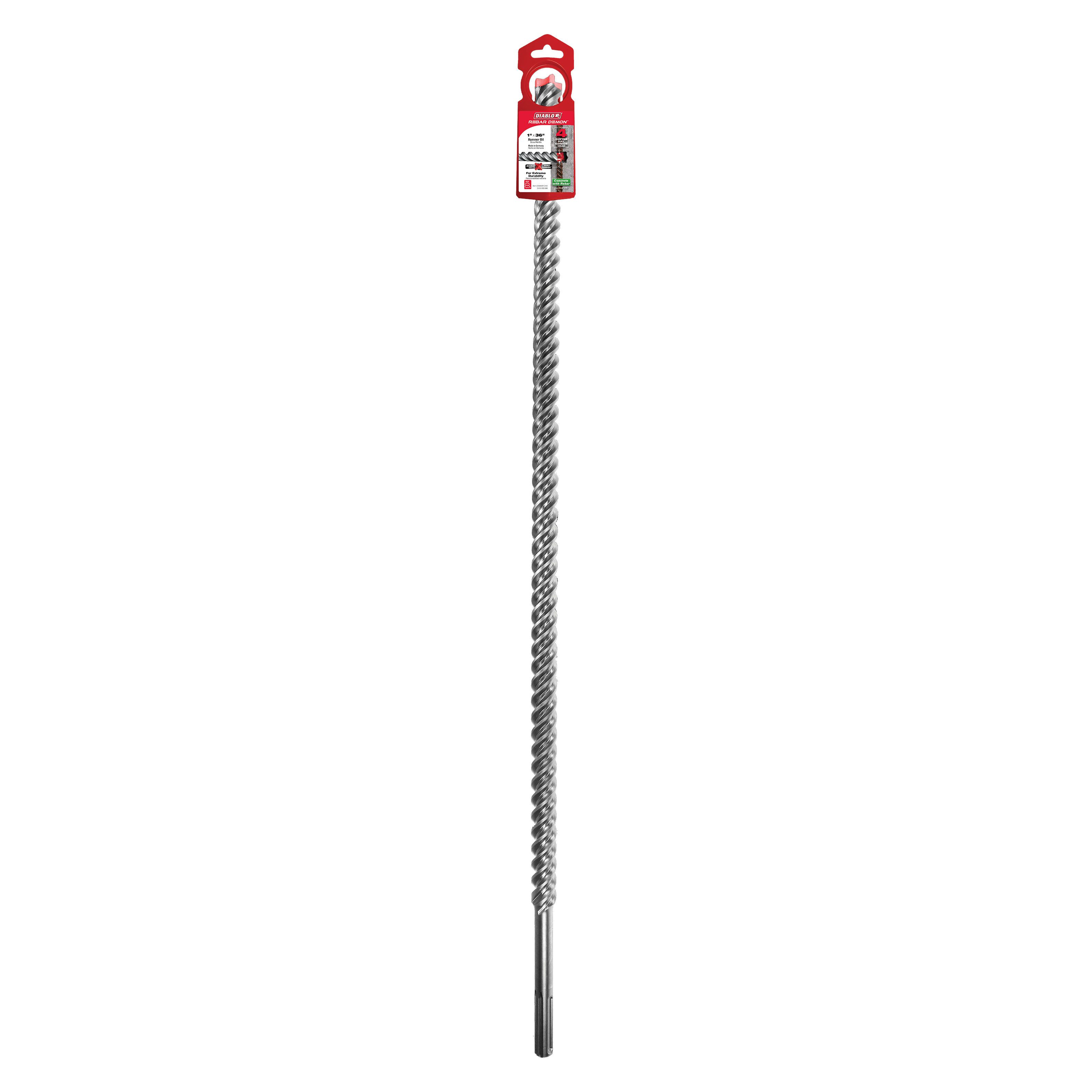 SDS-Max hammer drill bit with 1-inch diameter, spiral flutes, carbide head, and red packaging tag at top.