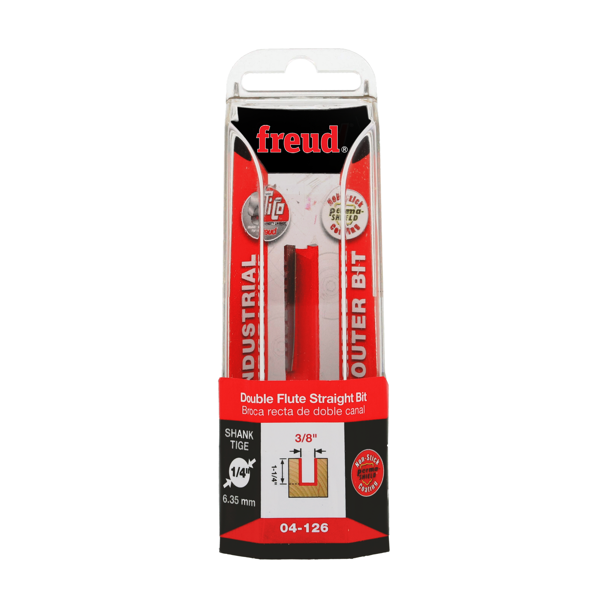 Freud 3/8" diameter double flute straight router bit in red and black packaging with 1/4" shank.