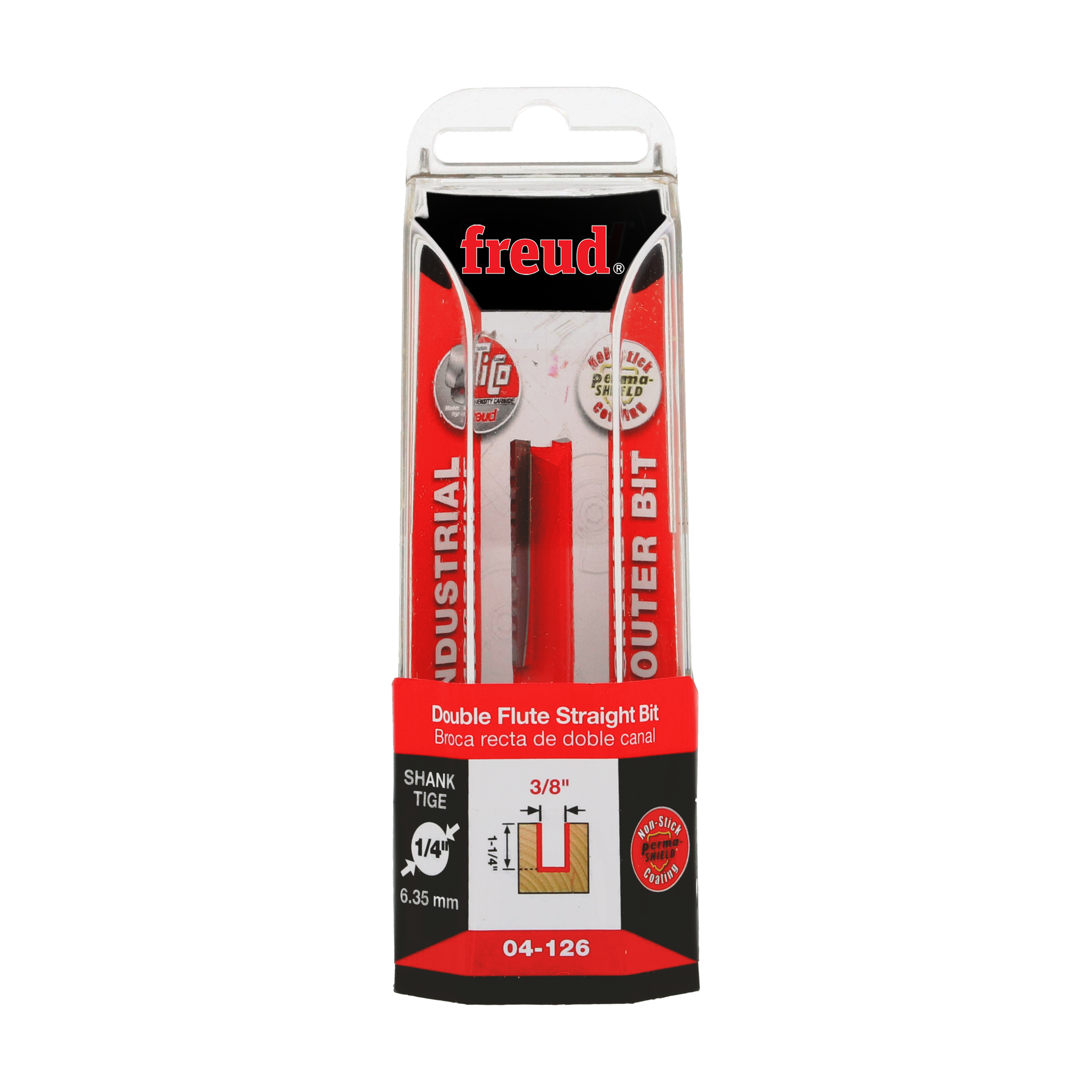 Freud 3/8" diameter double flute straight router bit in red and black packaging with 1/4" shank.