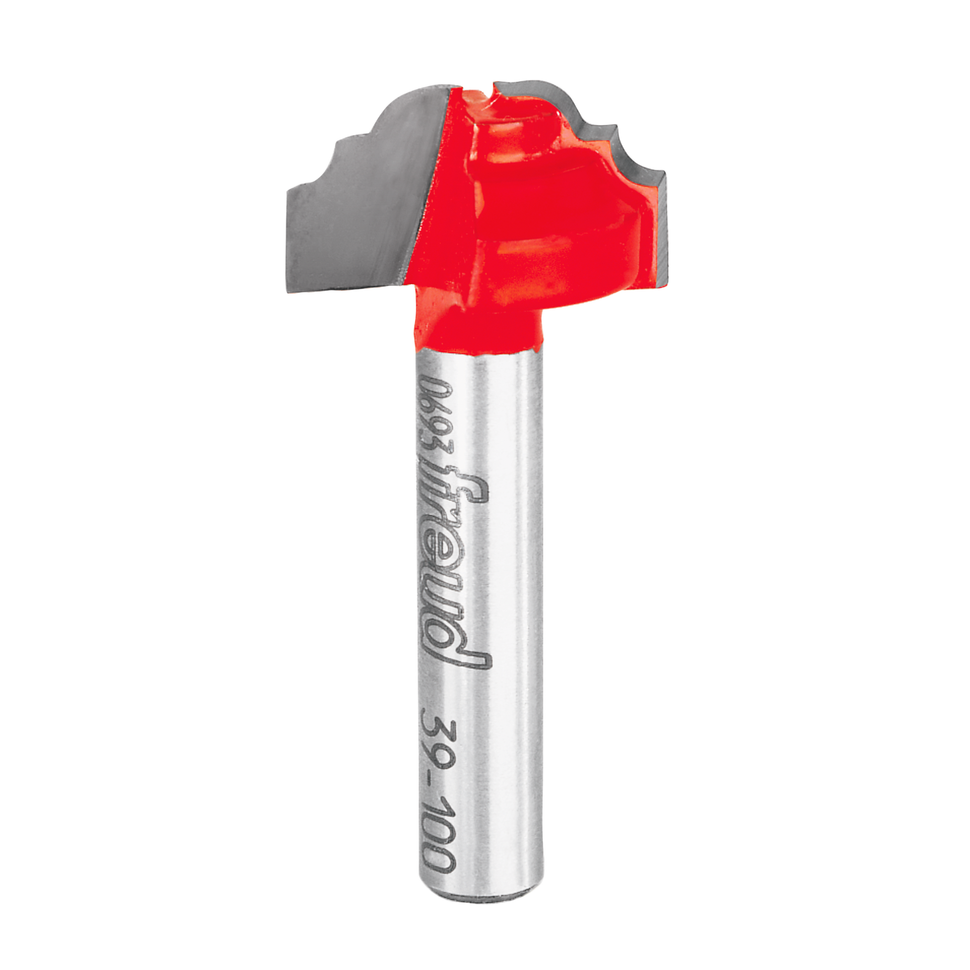 Router bit with red cutting head and silver shank marked "Freud 39-100" for cove and bead grooving.