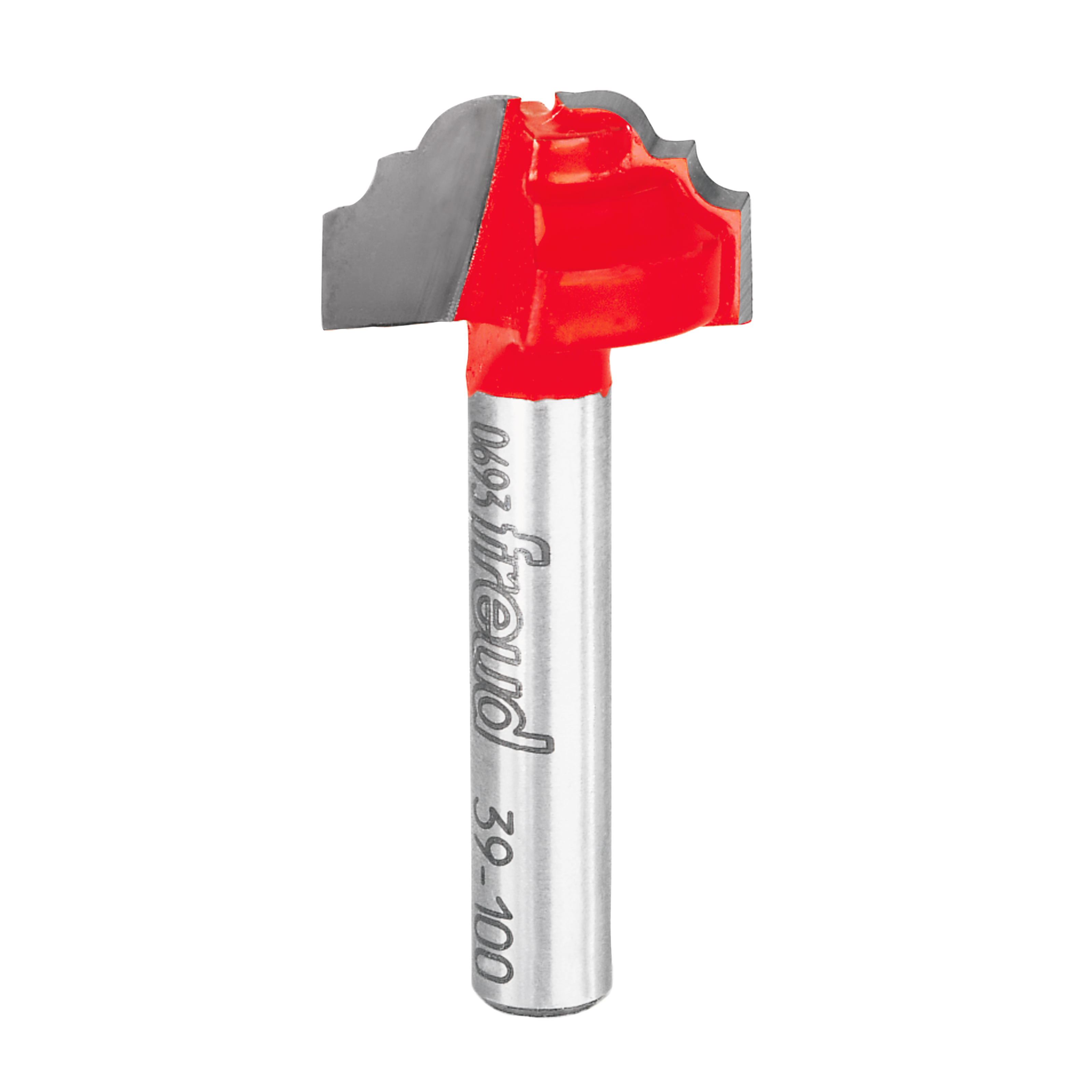 Router bit with red cutting head and silver shank marked "Freud 39-100" for cove and bead grooving.