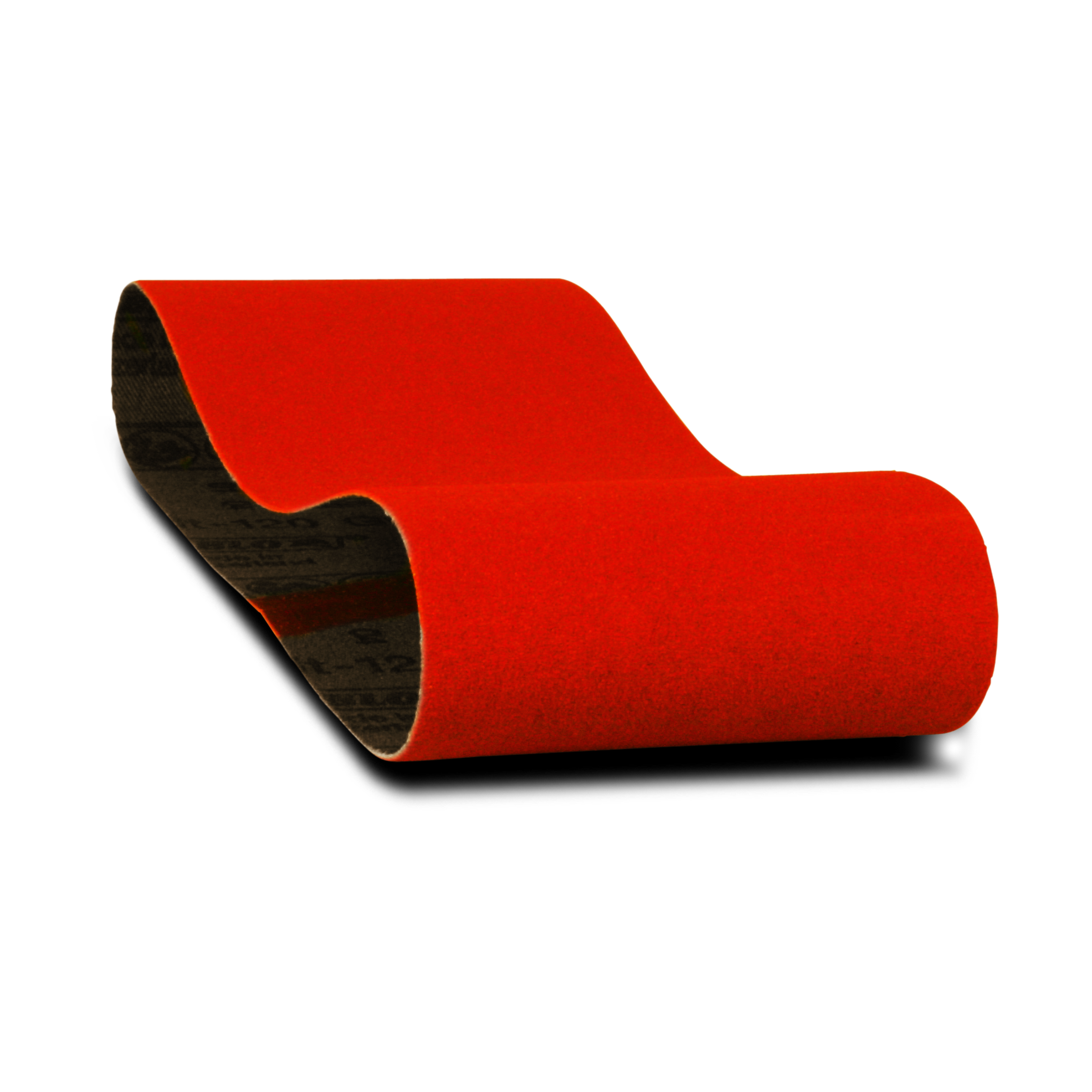 Red sanding belt with black backing, cylindrical shape, 3 inches wide by 18 inches long.