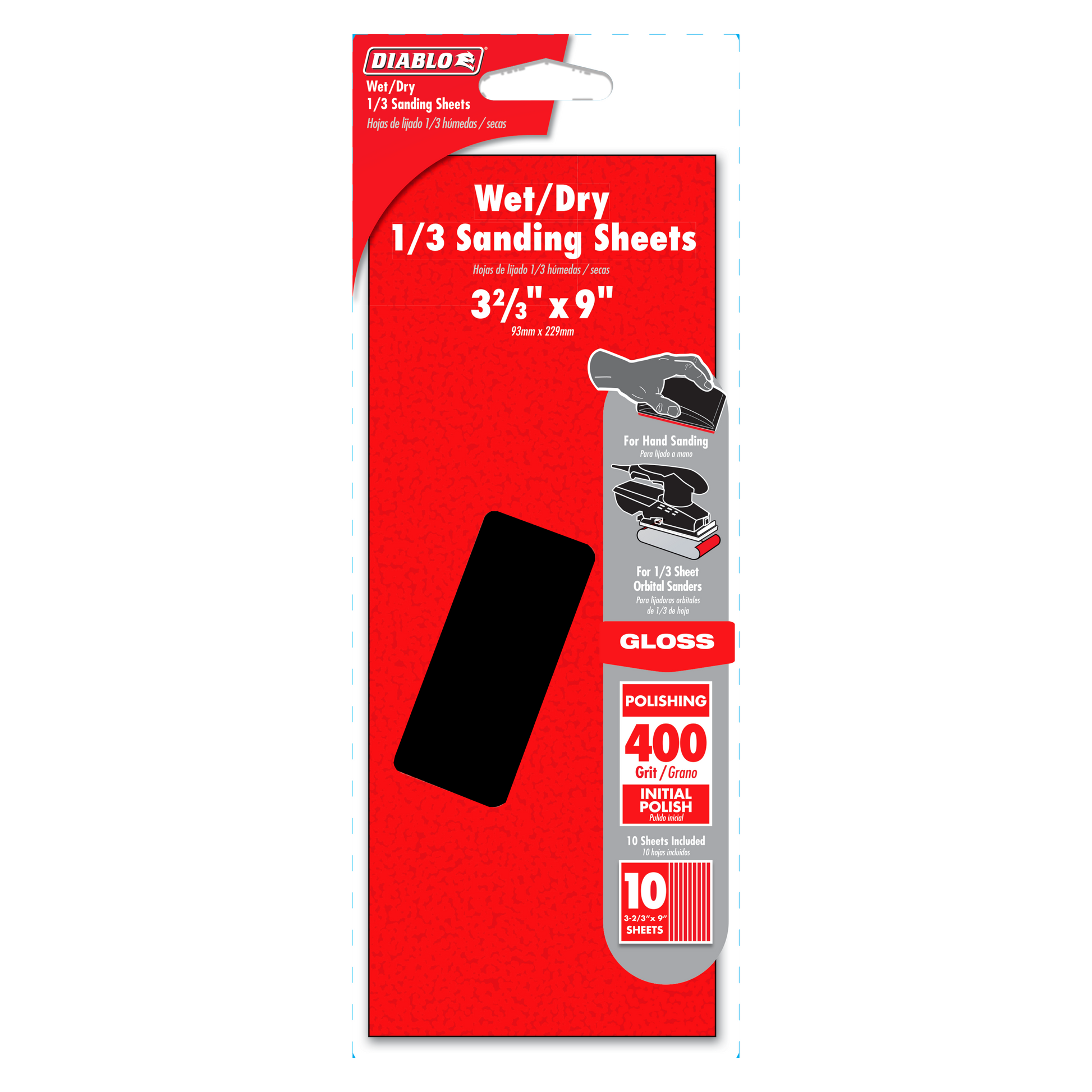 Diablo wet/dry 1/3 sanding sheets package with red label showing black rectangular sanding sheet and product specifications.