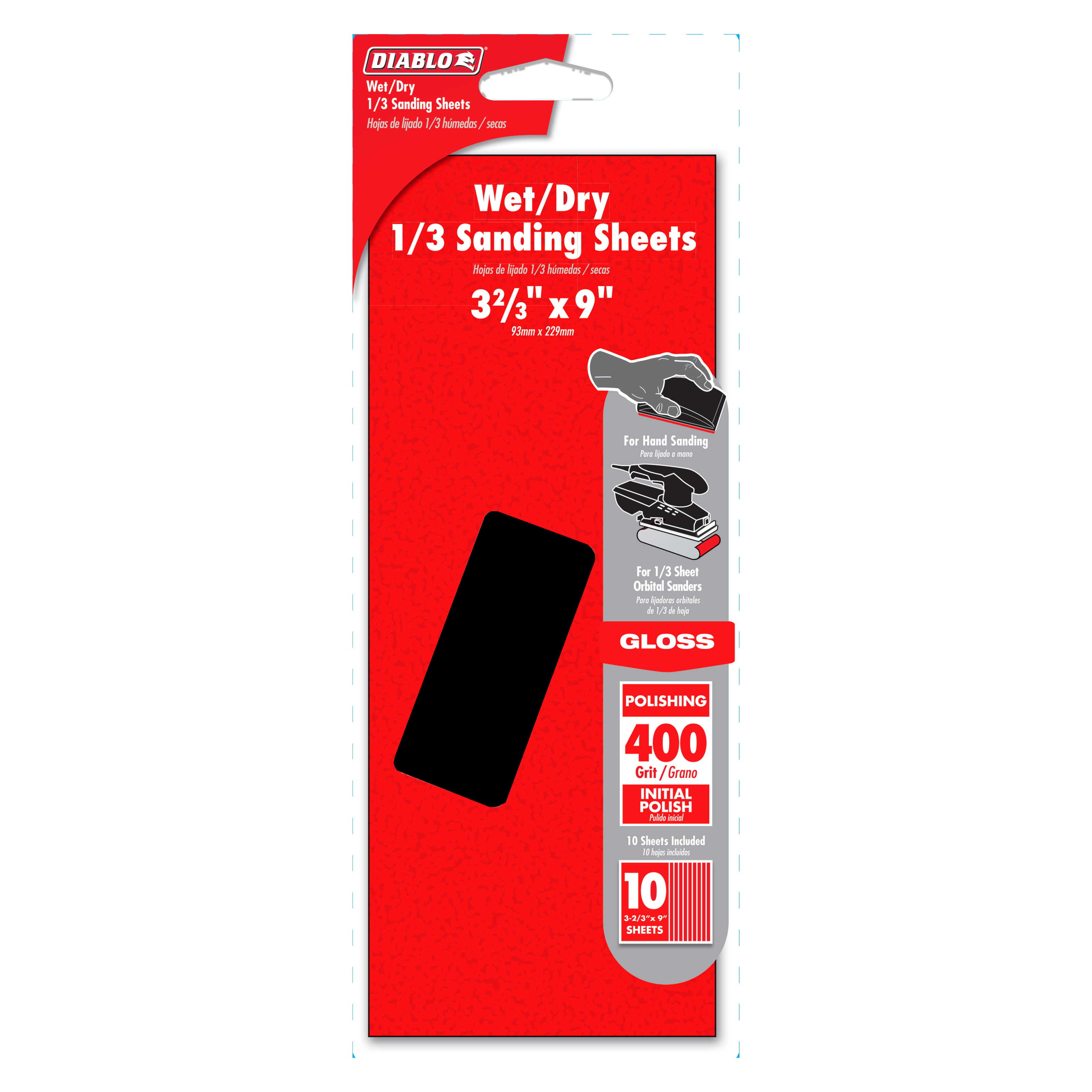 Diablo wet/dry 1/3 sanding sheets package with red label showing black rectangular sanding sheet and product specifications.