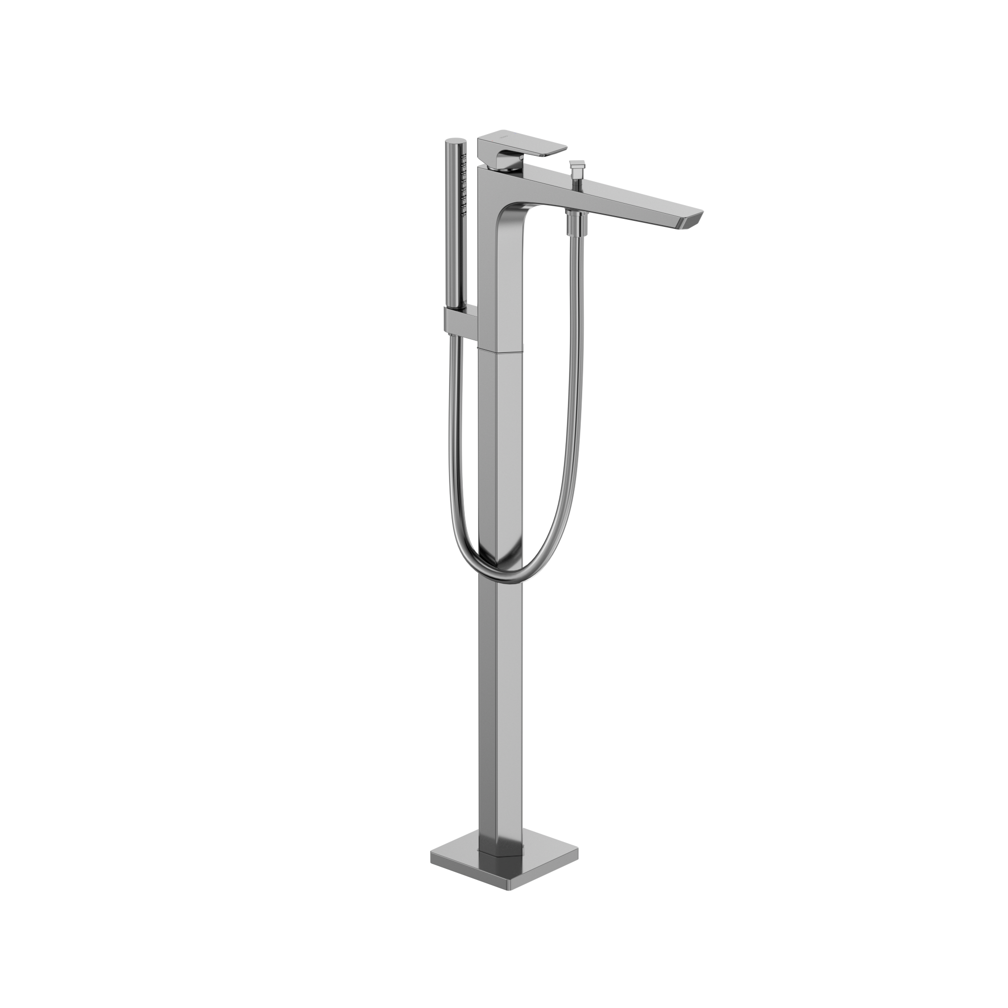 Polished chrome freestanding tub filler with single handle, spout, and attached handshower on curved hose.