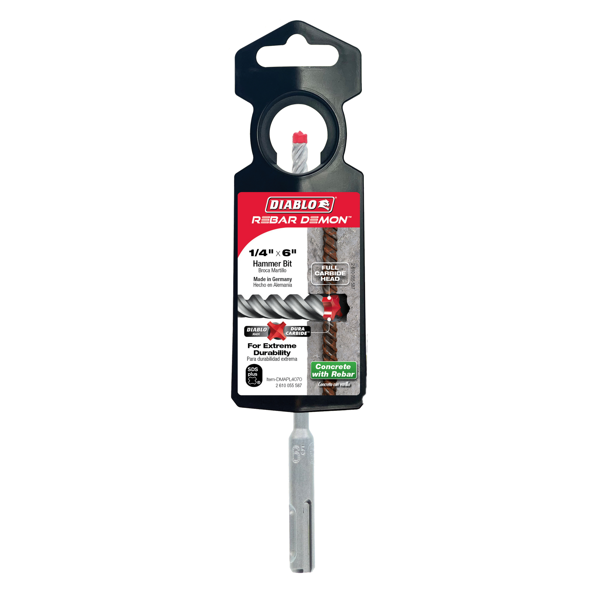 Diablo Rebar Demon 1/4 inch by 6 inch SDS-Plus hammer drill bit with carbide head in packaging.
