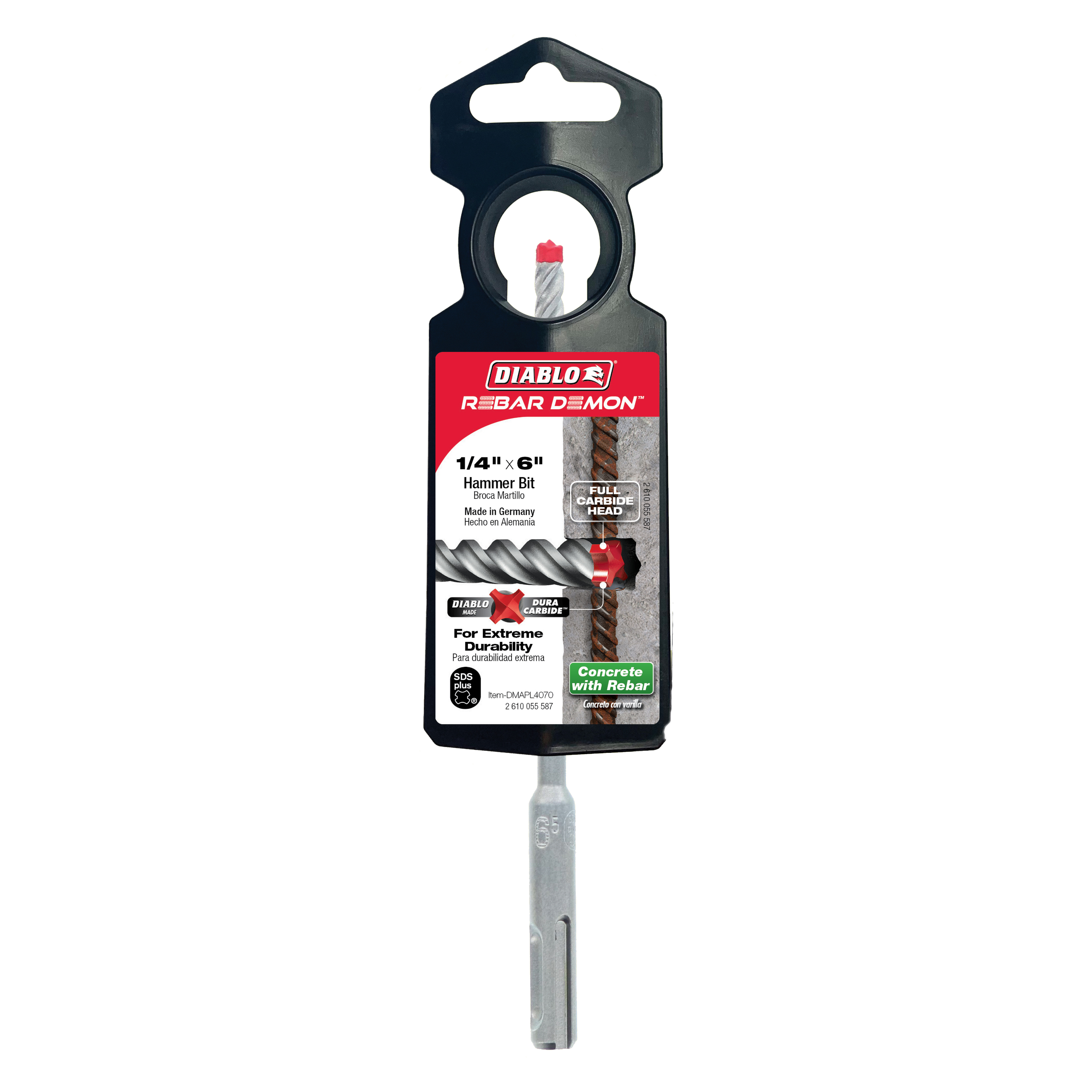 Diablo Rebar Demon 1/4 inch by 6 inch SDS-Plus hammer drill bit with carbide head in packaging.