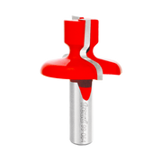 Red and silver router bit with finger pull lip profile cutters and cylindrical shank.