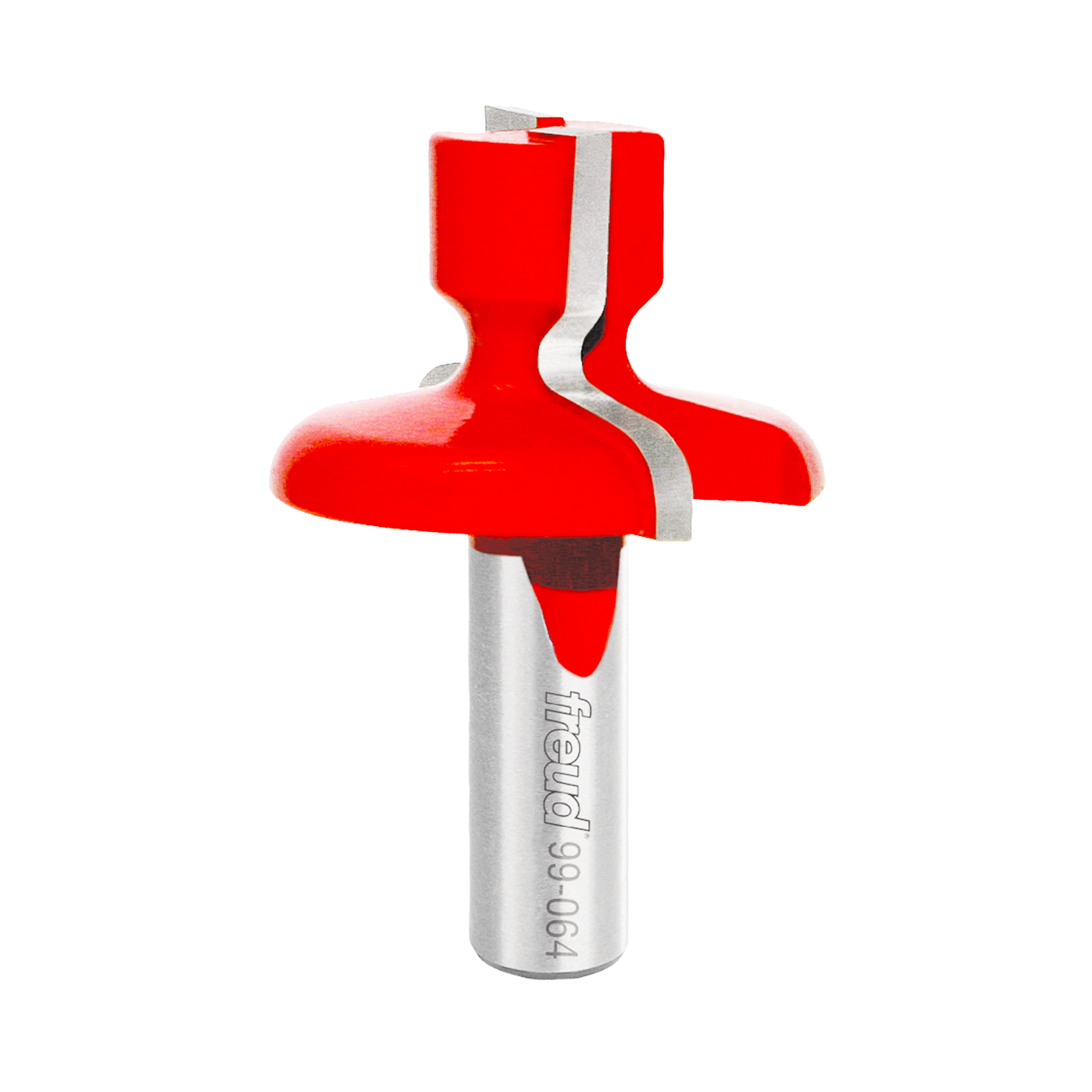 Red and silver router bit with finger pull lip profile cutters and cylindrical shank.