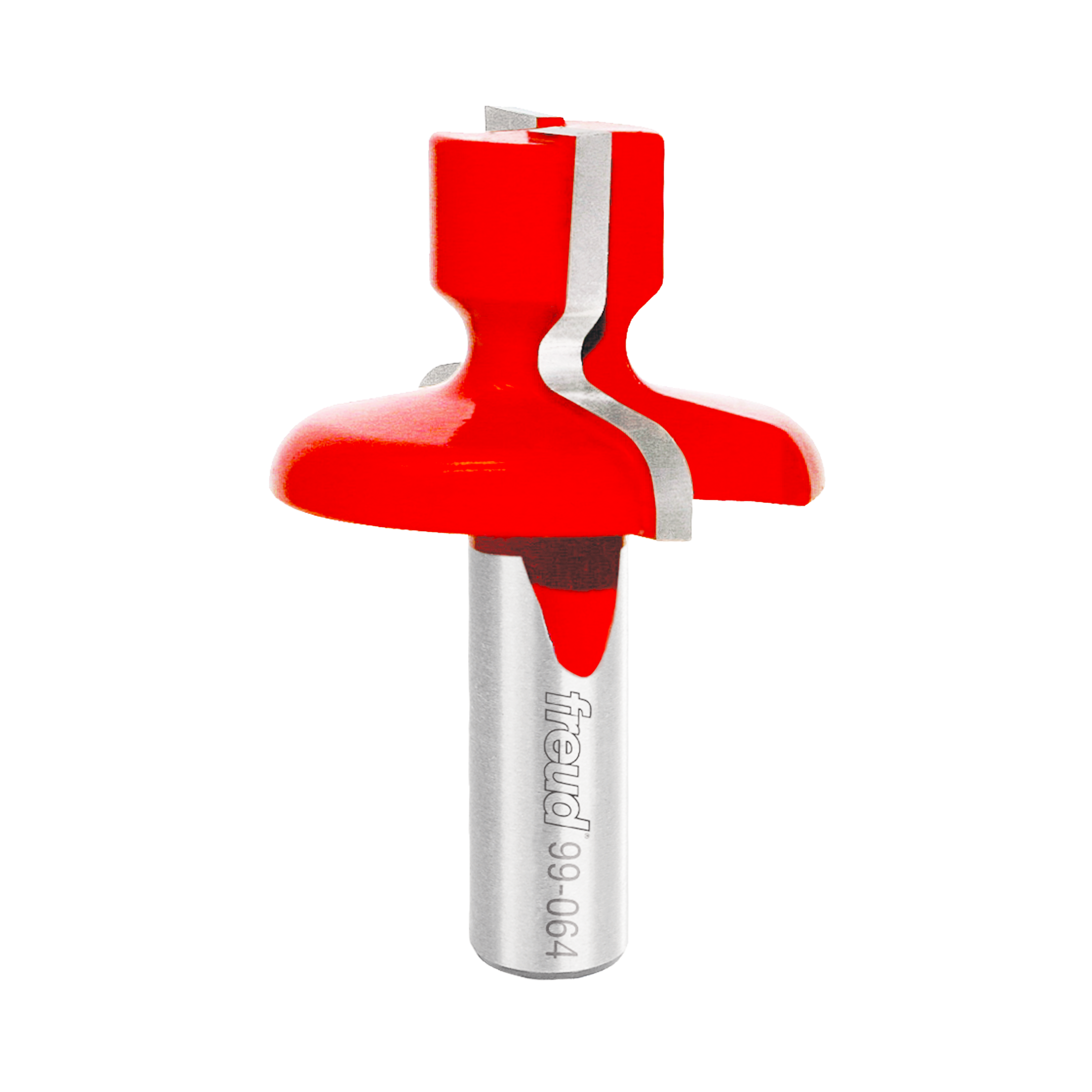 Red and silver router bit with finger pull lip profile cutters and cylindrical shank.