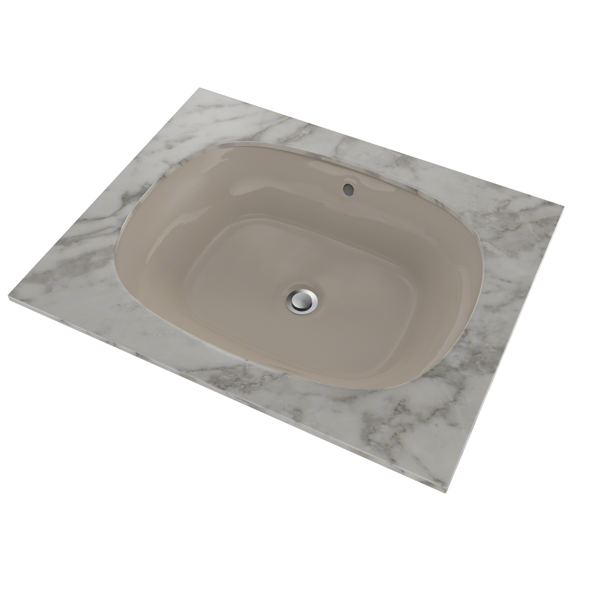 Bone-colored oval undermount bathroom sink with chrome drain fitting and overflow hole, set in white marble countertop.