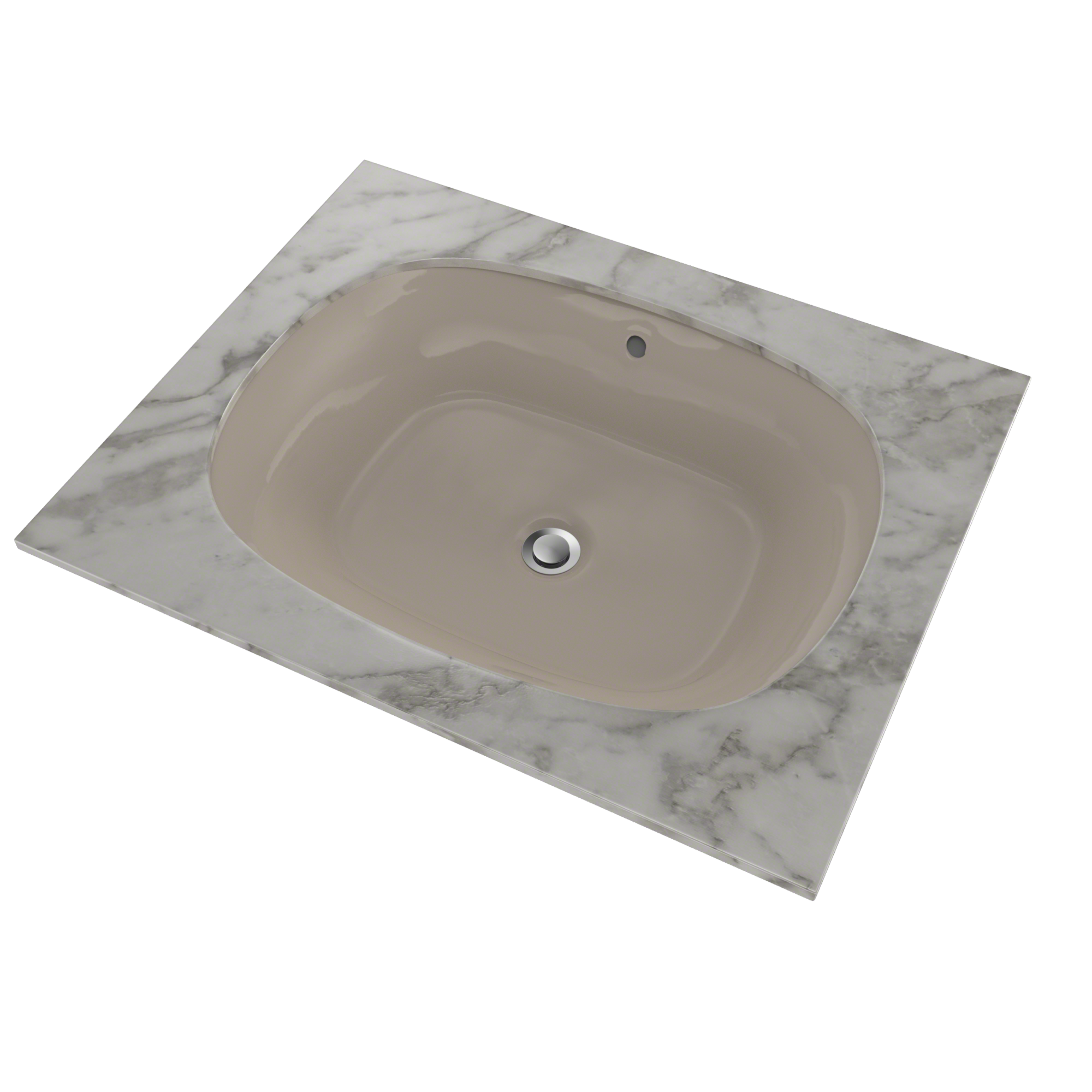 Bone-colored oval undermount bathroom sink with chrome drain fitting and overflow hole, set in white marble countertop.