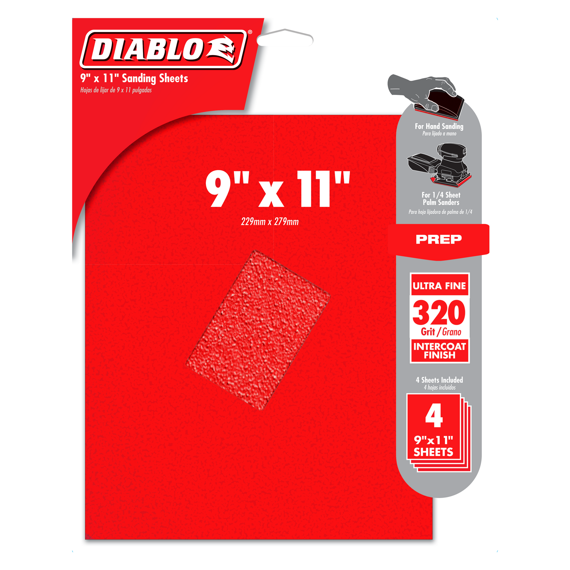 Four red 9" x 11" sanding sheets with 320-grit ultra fine surface in Diablo packaging.