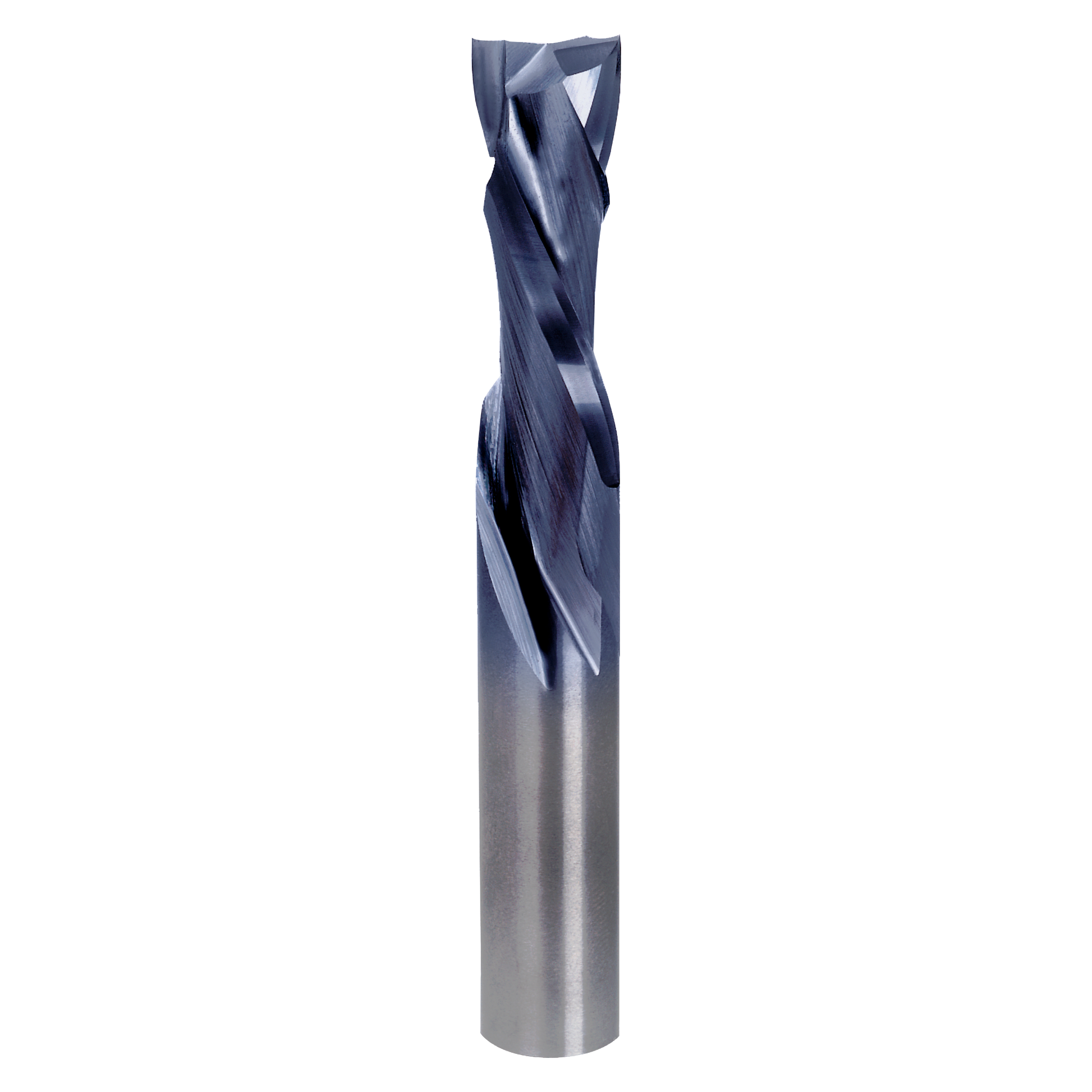 Half-inch diameter double compression router bit with spiral flutes and gray metallic shank.