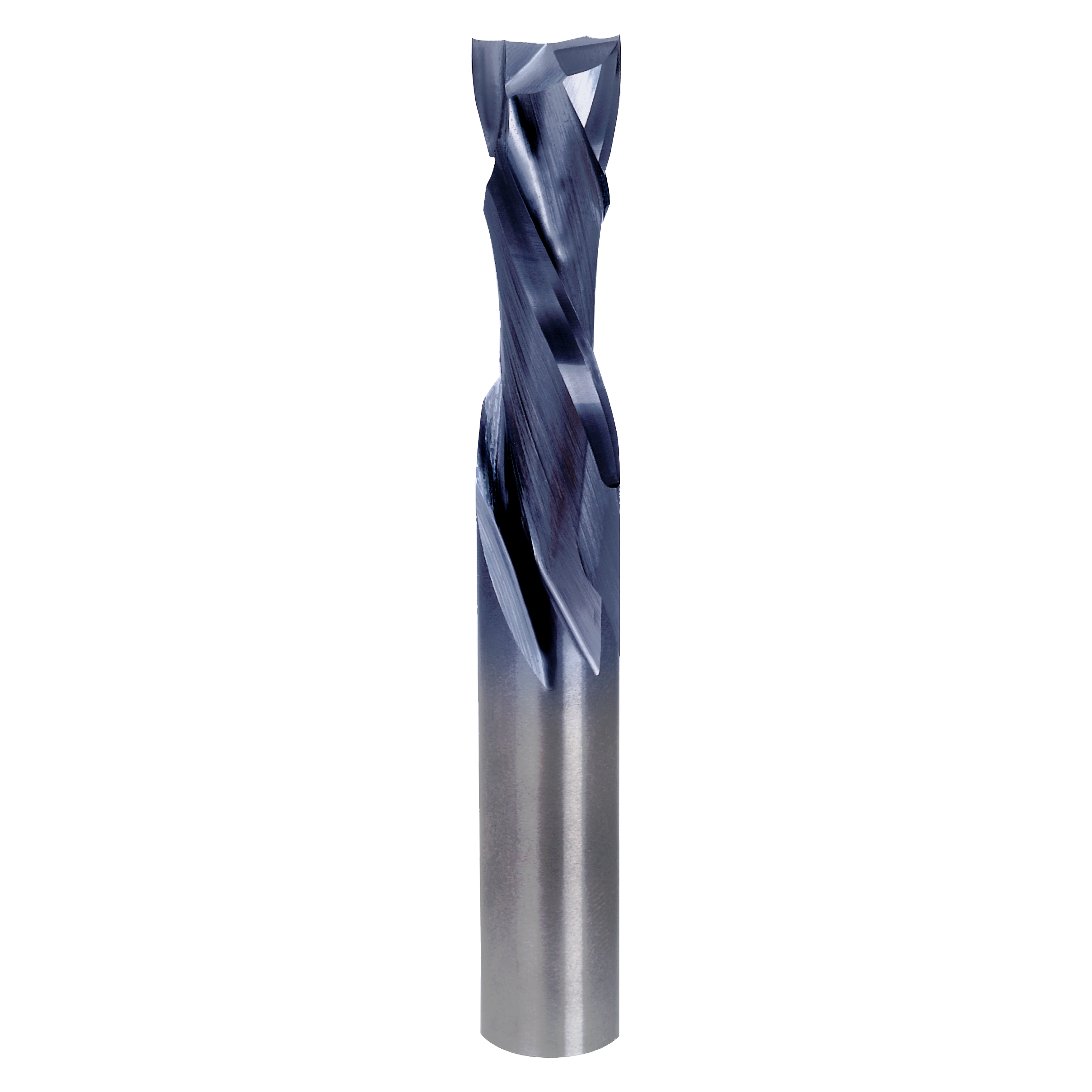 Half-inch diameter double compression router bit with spiral flutes and gray metallic shank.
