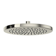 Polished nickel round showerhead with multiple spray jets and centered mounting port.