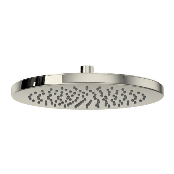 Polished nickel round showerhead with multiple spray jets and centered mounting port.
