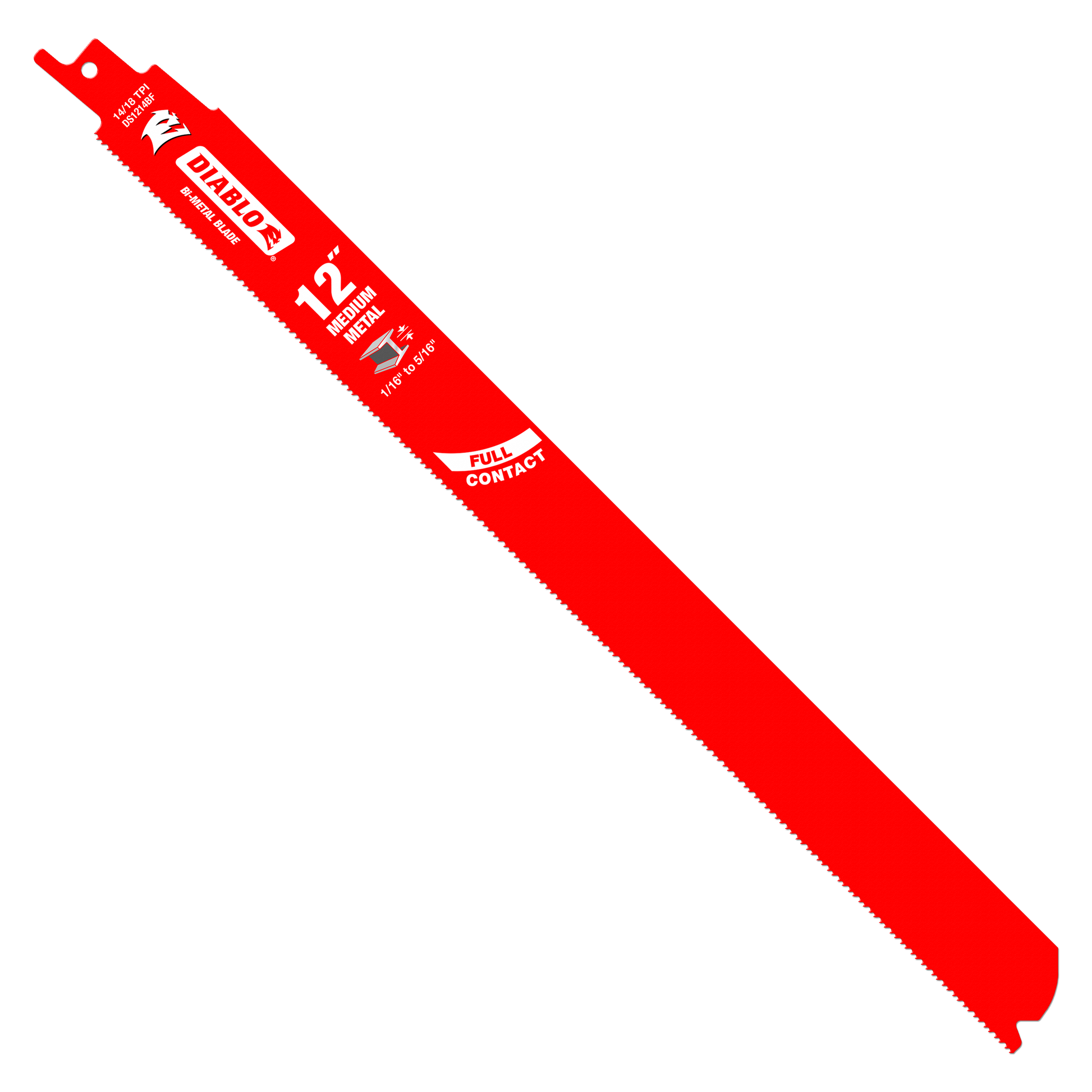 Red bi-metal reciprocating saw blade, 12 inches long, with serrated cutting edge and mounting slot at top.